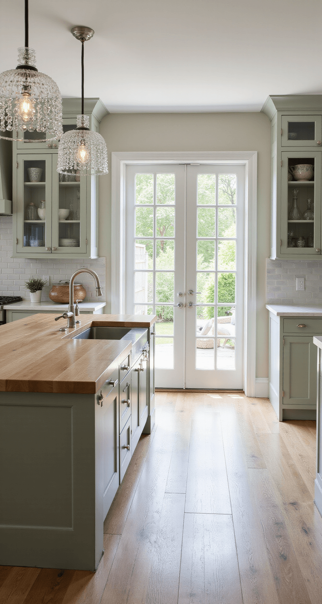 A classic kitchen featuring sage green lower cabinets, glass-front upper cases, marble subway tile backsplash, a crystal chandelier above the island, white oak butcher block countertops, polished nickel hardware and faucet, and French doors opening to a garden, all illuminated by morning light.