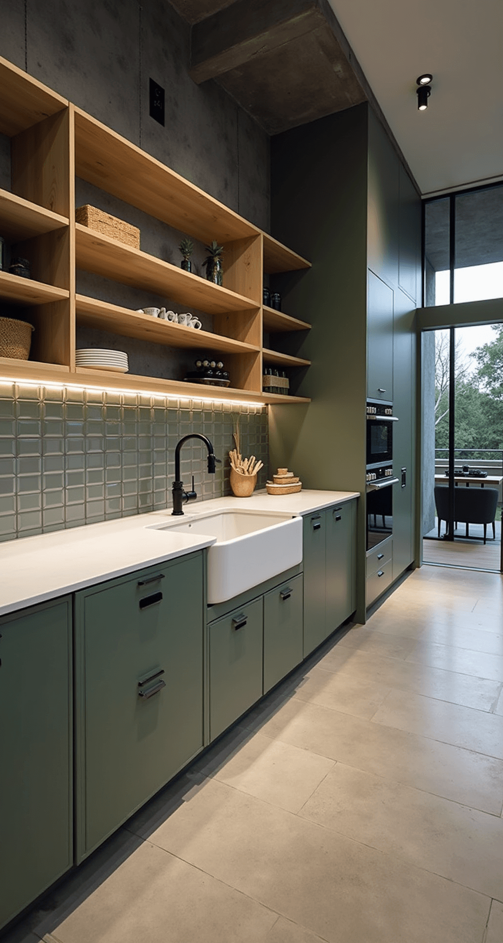A modern great room kitchen featuring floor-to-ceiling sage green cabinetry, integrated appliances, bleached oak floating shelves, oversized black steel windows, and concrete floors, captured from a drone-style overhead view, highlighting its double-height ceiling and dramatic architectural lighting in a bold, contemporary atmosphere.