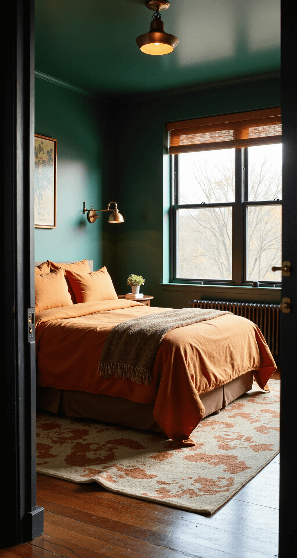 A luxurious modern bedroom with emerald green walls, a king-size bed with burnt orange bedding, brass pendant light, copper wall sconces, rich wooden flooring, and a geometric cream and rust area rug, illuminated by golden hour sunlight through floor-to-ceiling windows.
