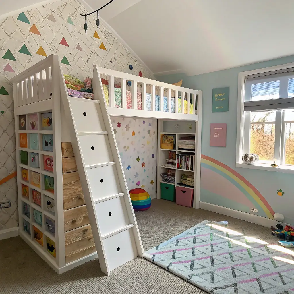 A cozy toddler bedroom with a whimsical play area under a loft bed, bathed in rainbow-filtered afternoon light. Features gentle geometric wallpaper, pastel storage cubes, and a rock-climbing wall with books.