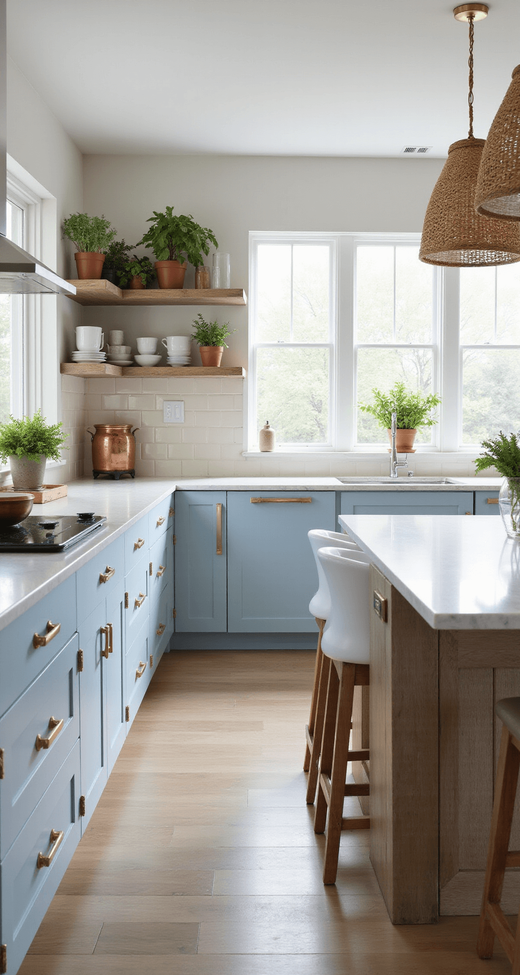 A modern coastal kitchen featuring light powder blue cabinets, white quartz countertops, and a weathered oak island, illuminated by soft morning light through floor-to-ceiling windows, with natural woven pendant lights, fresh herbs in terracotta pots, and a cream-colored subway tile backsplash.