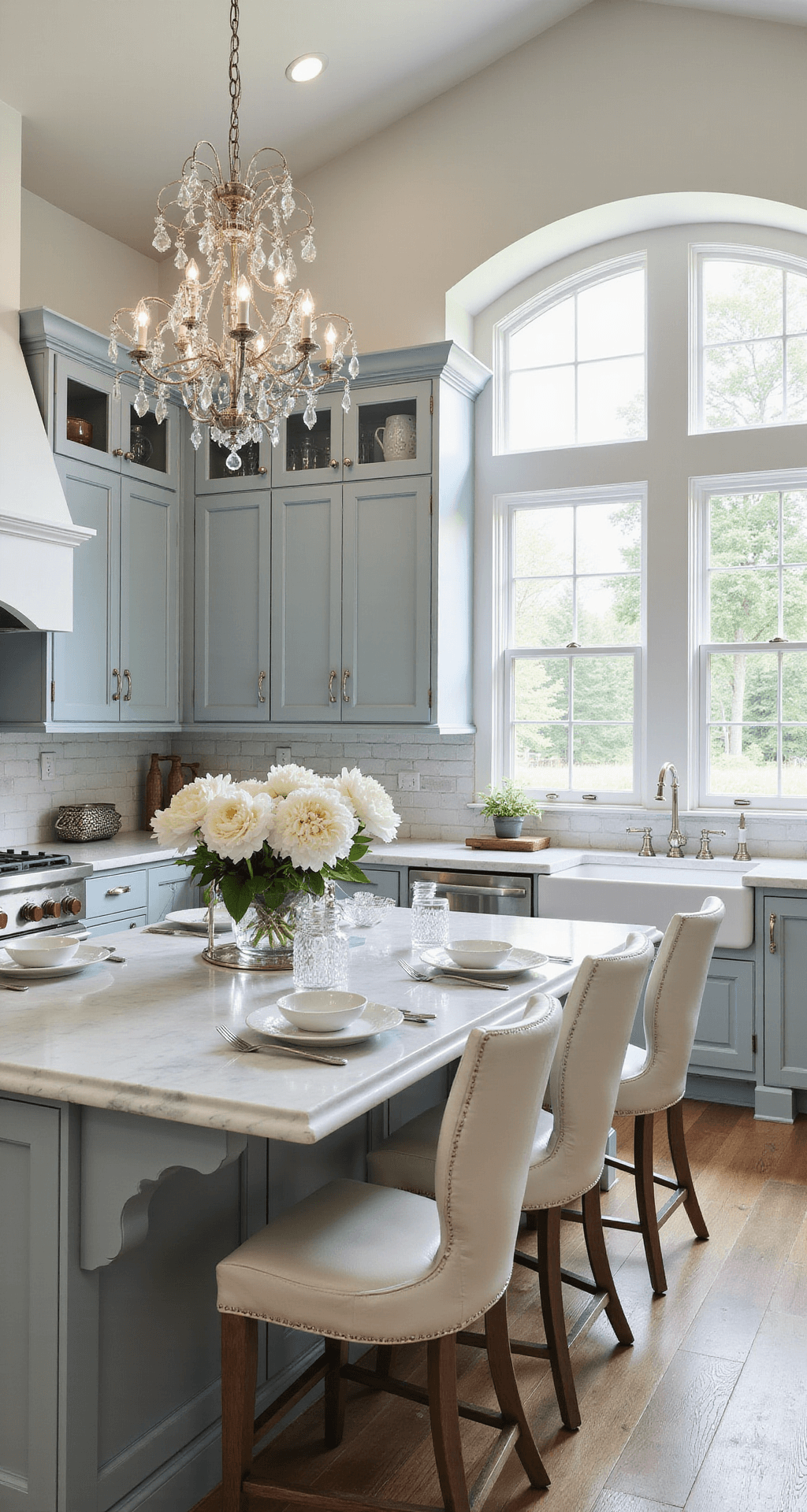 A high-angle shot of an elegant, sun-drenched open concept kitchen featuring pale blue-grey cabinets with glass uppers and nickel hardware, a marble waterfall island that seats four, a whitewashed brick accent wall, and wide plank white oak floors. The scene includes a sparkling crystal chandelier above the island, adorned with fresh white peonies, a silver tea service, and crystal decanters, conveying a refined traditional transitional style.