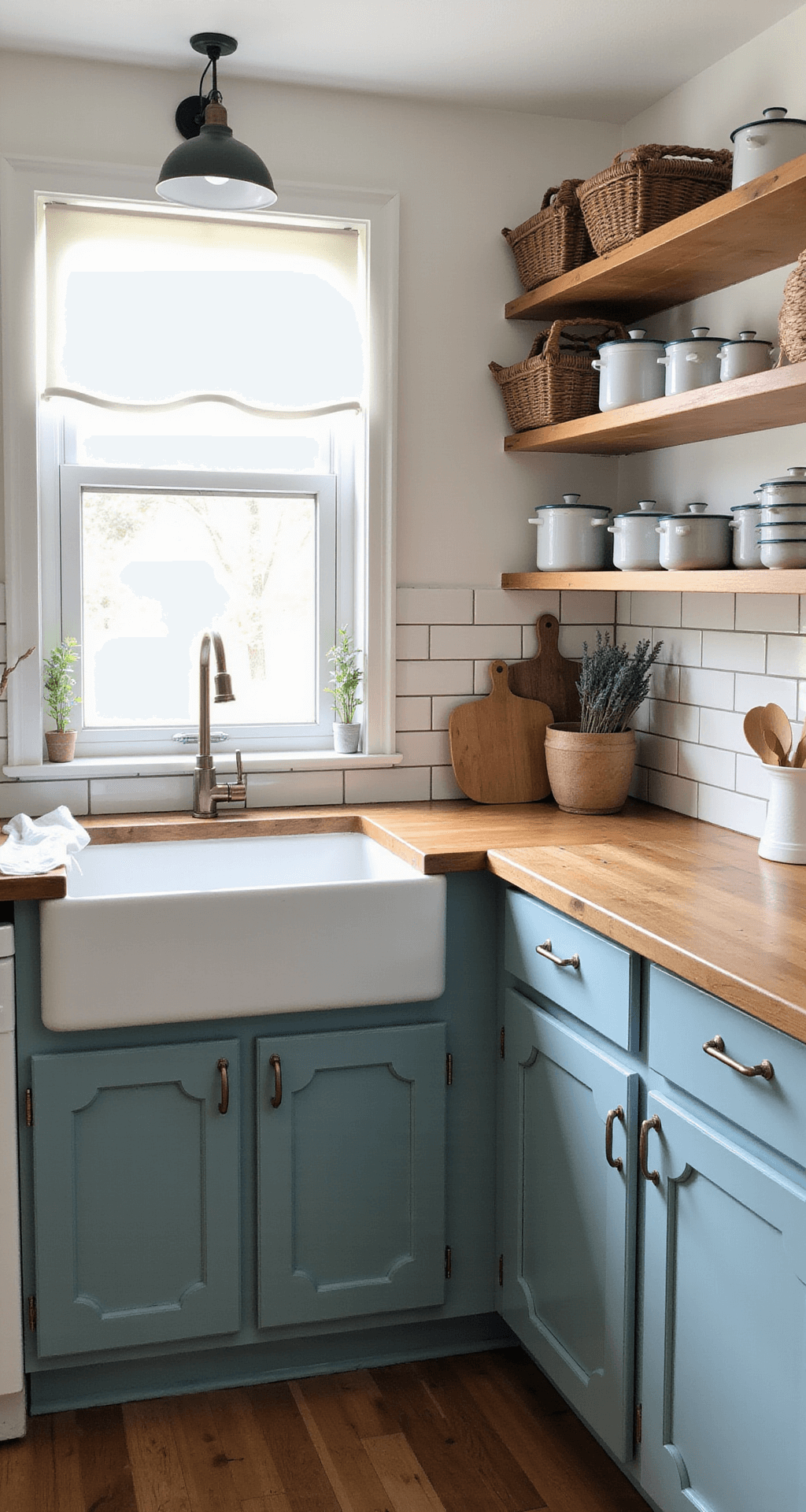 Cozy modern farmhouse kitchen corner featuring duck egg blue lower cabinets, white upper cabinets, butcher block counters, and ceiling-high subway tile, with vintage enamelware on open shelves, a farmhouse sink under a window with cafe curtains, and decorative accents like woven baskets and dried lavender bundles.