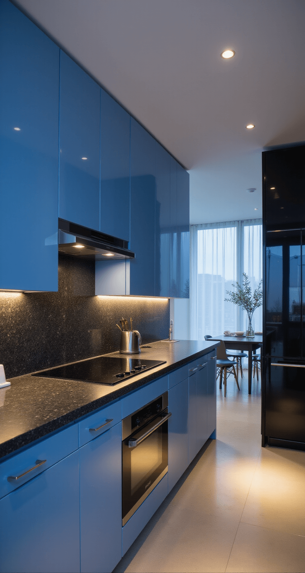 Ultra modern kitchen featuring ice blue high-gloss cabinets, black stone counters, and LED under-cabinet lighting, captured at dusk from a diagonal angle to emphasize clean lines and sophisticated decor.
