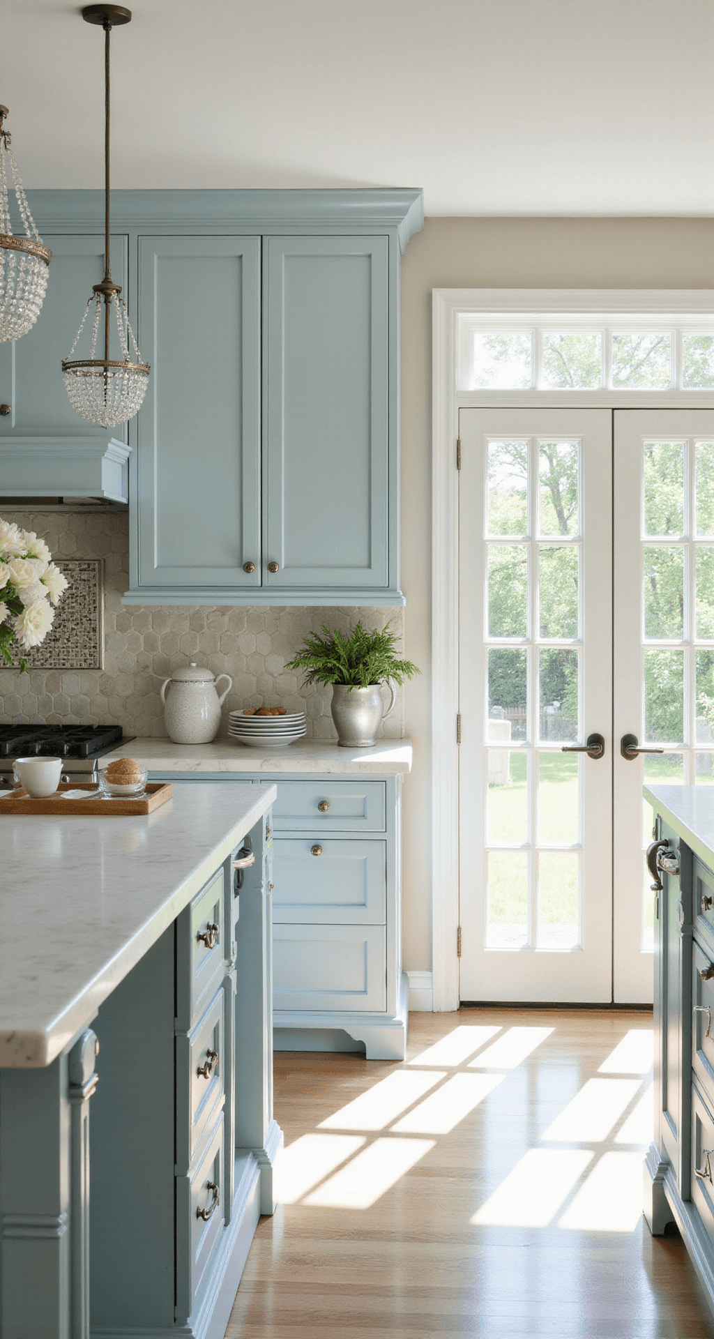 A bright French Country kitchen featuring pale robin's egg blue cabinets with glass knobs, white marble countertops, and a mother of pearl mosaic backsplash. Crystal pendants hang above a marble island adorned with a silver tea set, milk glass collection, and fresh white flowers. French doors open to a garden, with a low camera angle showcasing a reflection in the window. The overall mood is romantic and feminine.