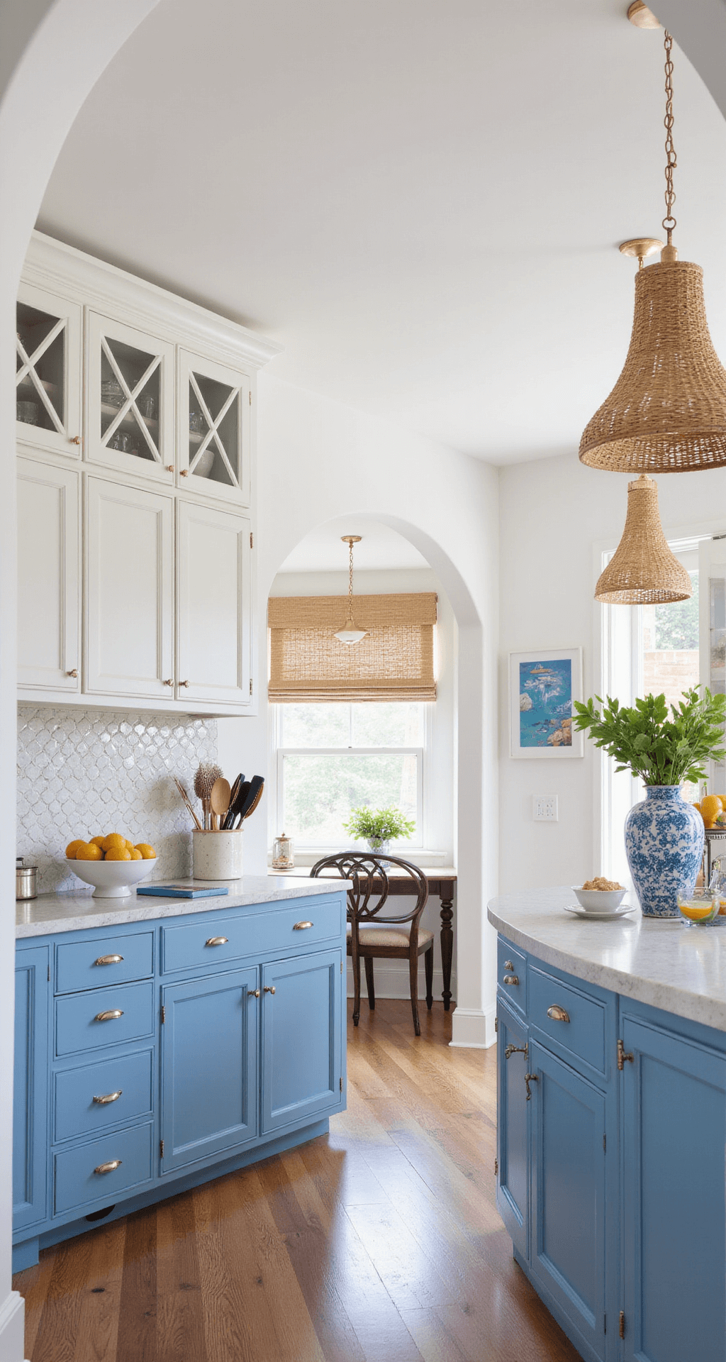 Bright and airy 16x18ft kitchen featuring coastal blue lower cabinets, white upper cabinets with x-detail, quartzite counters, and handmade ceramic tile backsplash, illuminated by rattan pendant lights and natural fiber roman shades. Decorated with blue and white chinoiserie, coastal artwork, and fresh citrus, captured from an adjacent dining room archway in a Hamptons Coastal style.
