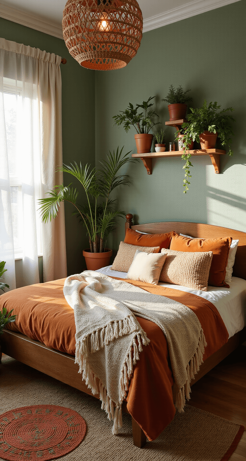 A cozy boho-style bedroom with sage green wallpaper and a vintage wooden bed adorned with rust orange velvet and cream macramé throws, surrounded by hanging plants and soft morning light casting shadows.