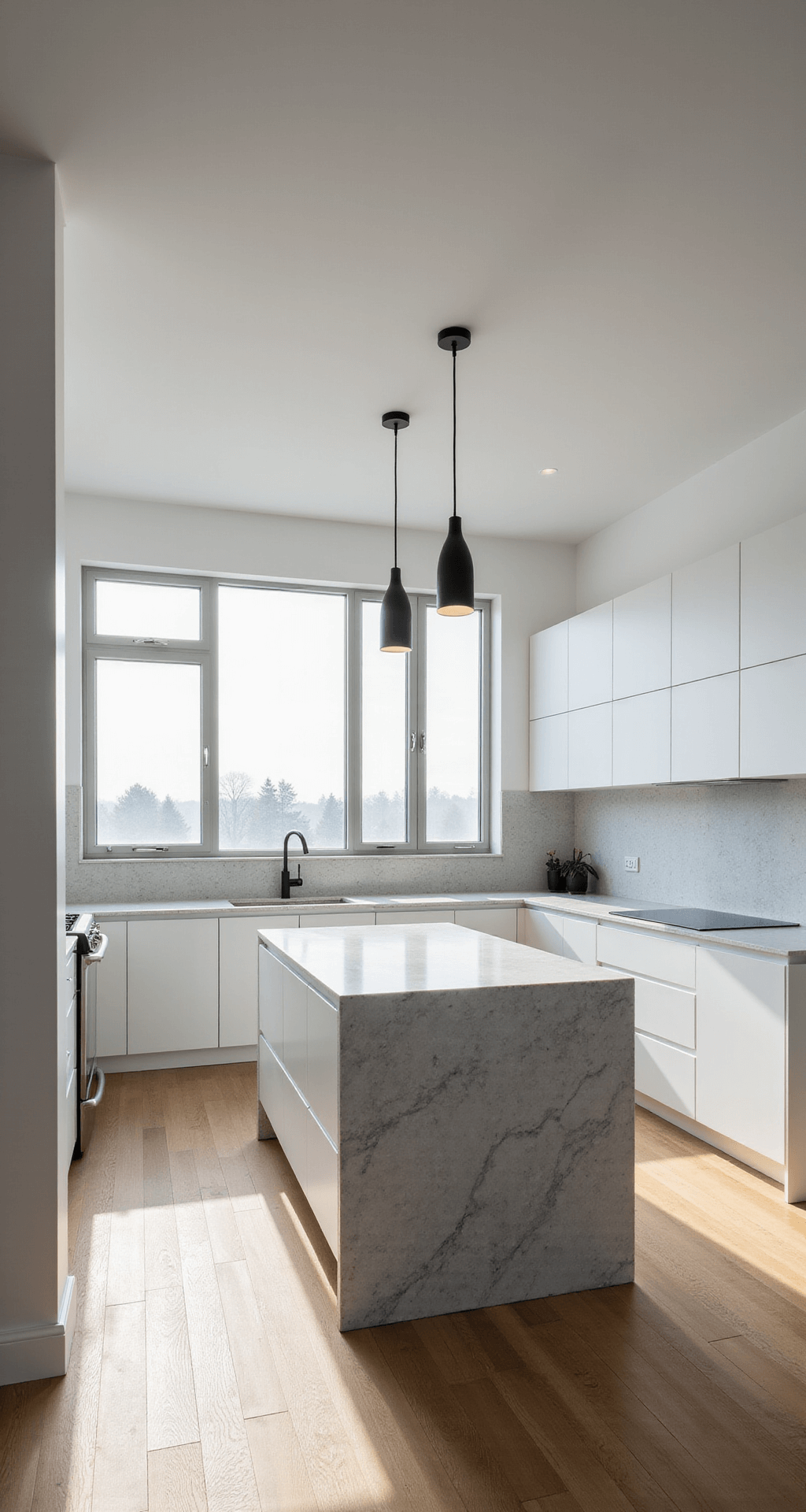 Interior of a minimalist modern kitchen featuring floor-to-ceiling windows, ultra-flat white cabinets, a pale grey quartzite island, and matte black fixtures, illuminated by early morning sunlight with a soft mist outside.