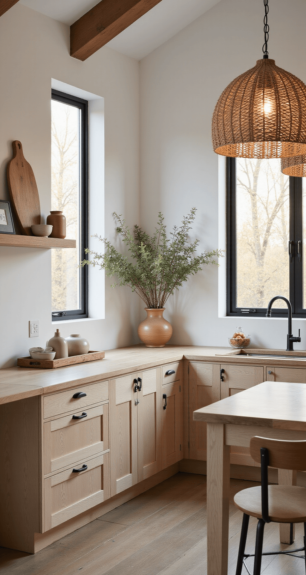 Scandinavian-inspired kitchen at golden hour with light ash wood cabinets and a bleached maple butcher block island, featuring woven pendant lights and neutral-toned textiles, captured from an elevated position.