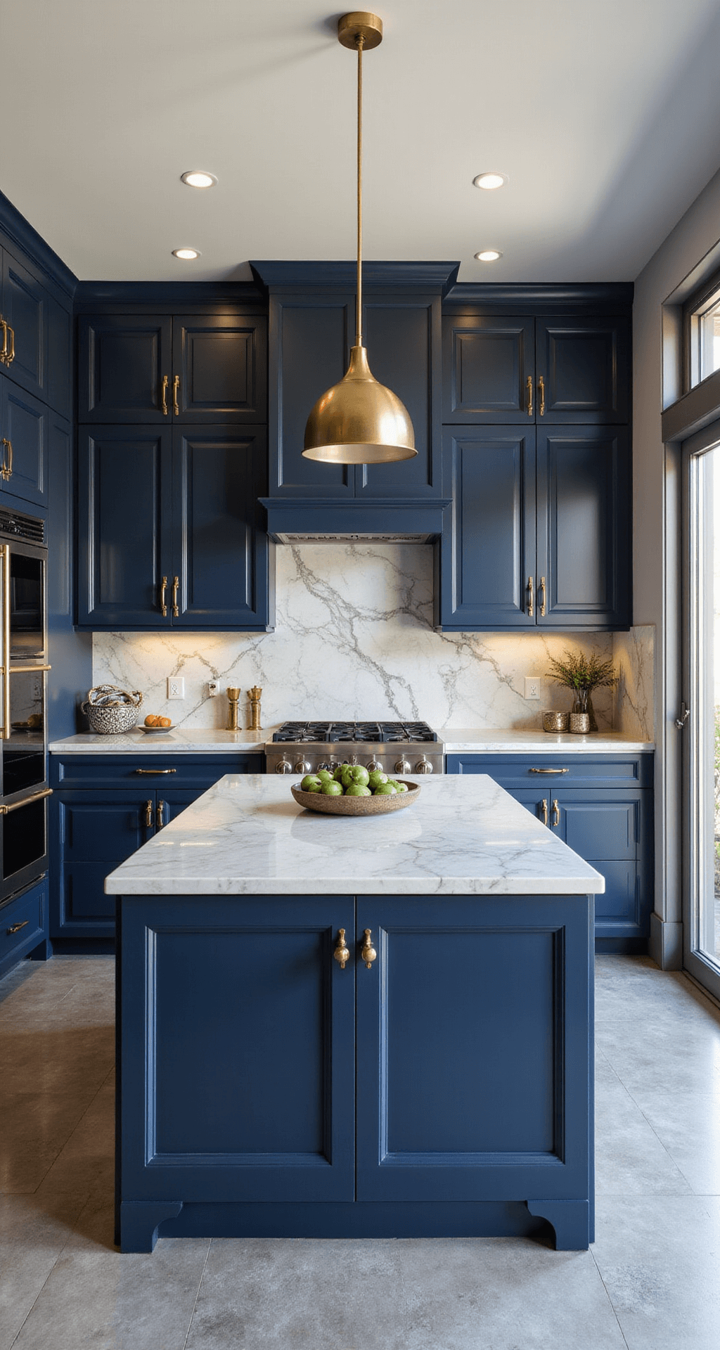 Luxury modern kitchen featuring high-gloss navy blue cabinets with brass hardware, a marble waterfall island, and warm grey porcelain tile flooring, illuminated by late afternoon light streaming through floor-to-ceiling windows, captured at counter height.