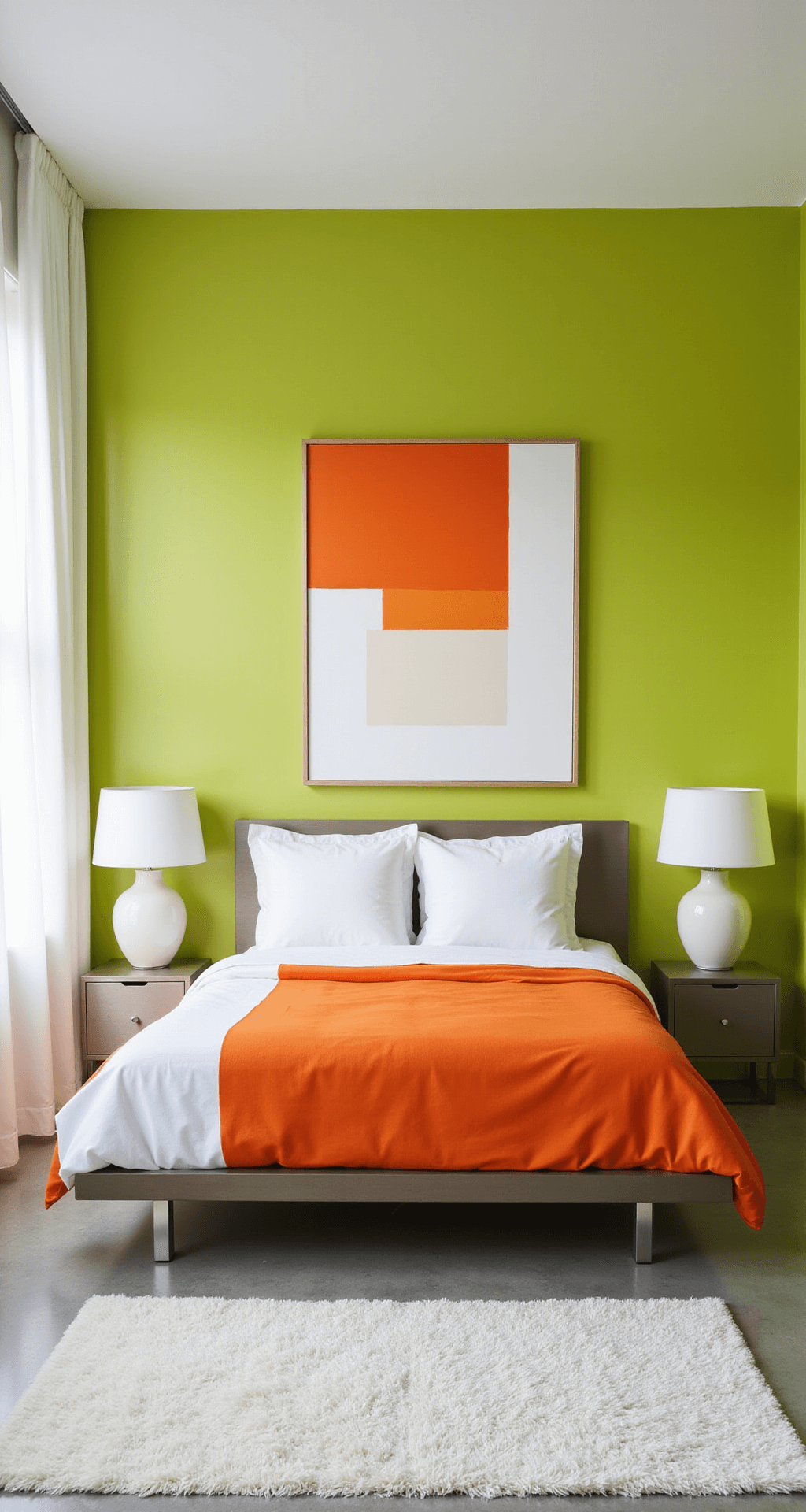 A minimalist primary bedroom with a lime green accent wall behind a platform bed, dressed in vibrant orange and white bedding. The room features brushed steel side tables, simple white ceramic lamps, large abstract artwork, polished concrete floors, and a high-pile white area rug. Bright natural light with white sheers creates a fresh, contemporary atmosphere.