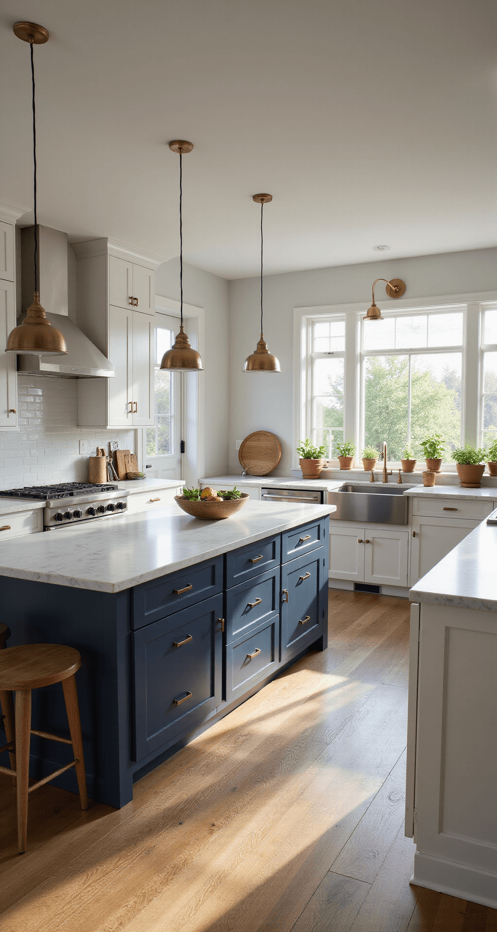 A spacious modern Shaker kitchen featuring white cabinets with black hardware, a contrasting navy blue island, Carrara marble countertops, brass pendant lights, and wide plank white oak floors, illuminated by warm late afternoon sunlight.