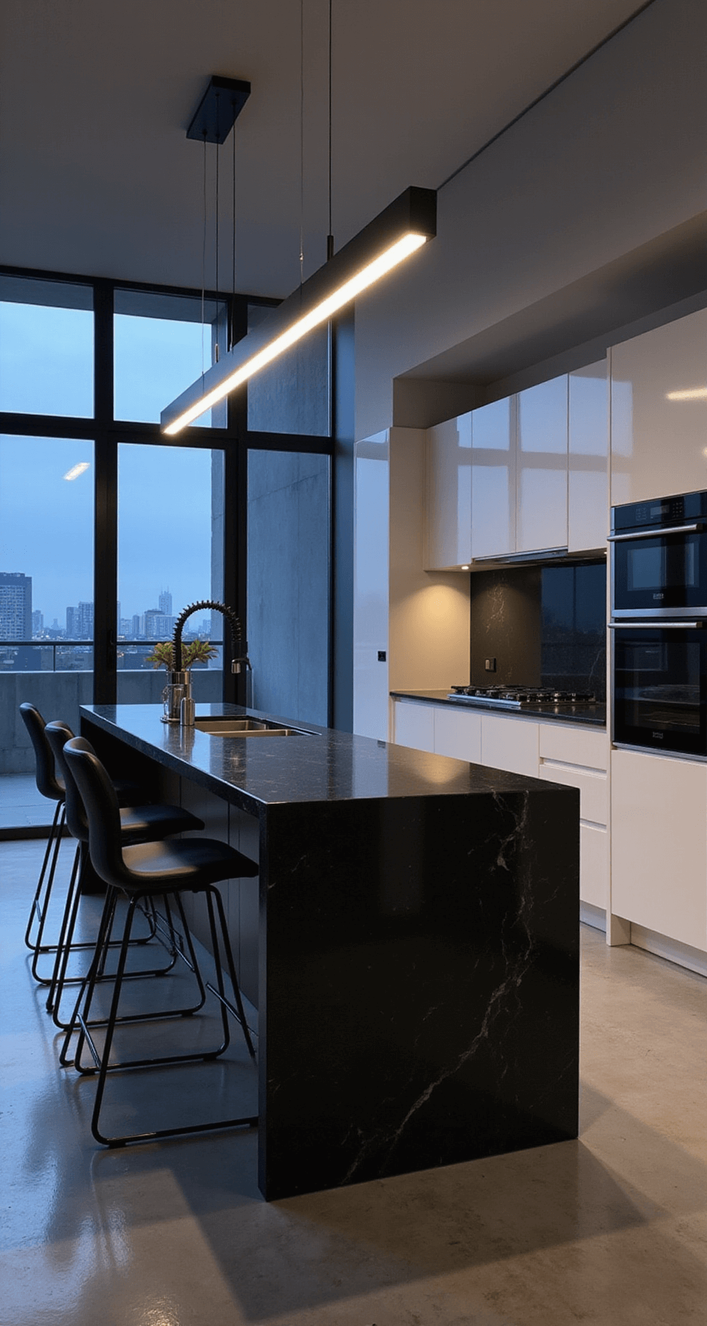 Contemporary minimalist kitchen at twilight featuring floor-to-ceiling windows, handleless high-gloss white cabinets, a matte black waterfall quartz island, and polished concrete floors, all illuminated by sleek pendant lights and accent lighting, showcasing dramatic silhouettes and city views.