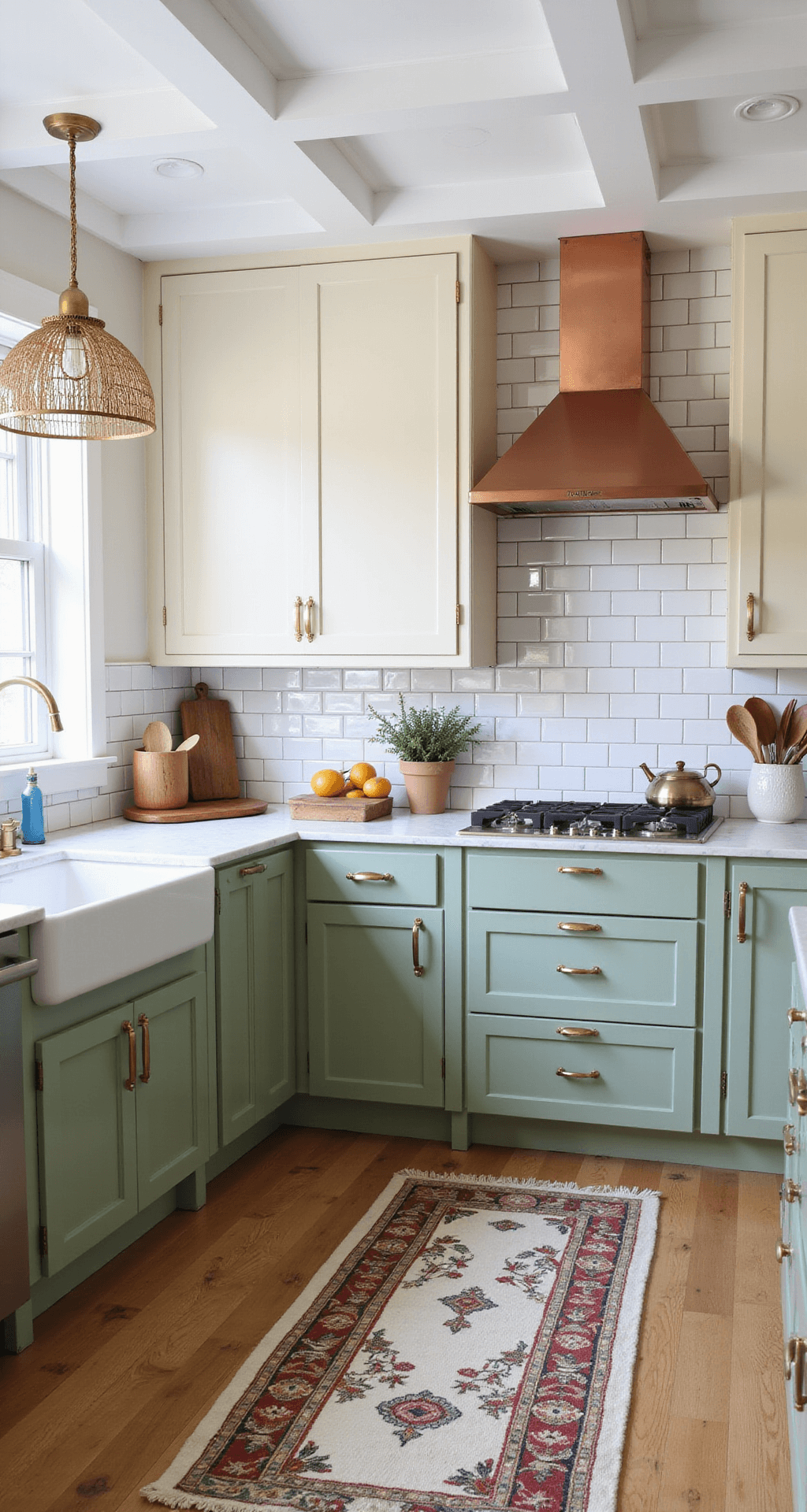 A spacious two-tone kitchen featuring sage green lower cabinets and cream upper cabinets with brass hardware, illuminated by natural light from a skylight. The room includes a coffered ceiling, a white subway tile backsplash, mixed metal fixtures, butcher block and marble countertops, woven pendant lights, and a vintage runner. The image captures the kitchen's layout from above, highlighting its geometric design and even lighting.
