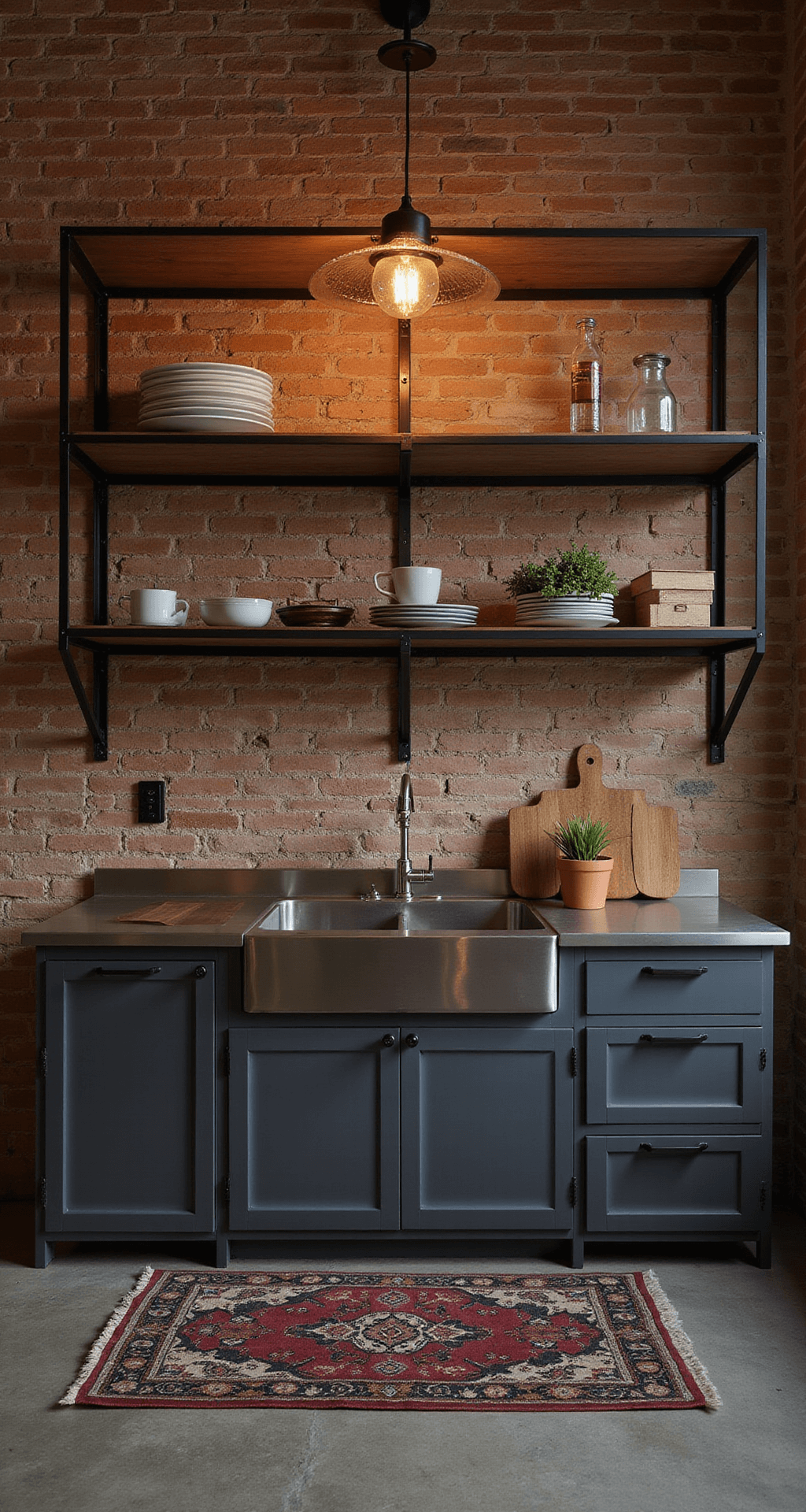 An expansive industrial modern kitchen featuring an exposed brick wall, dramatic evening lighting, black metal and wood open shelving, charcoal gray lower cabinets, and stainless steel countertops. The space highlights a warm glow from an Edison bulb chandelier, complemented by concrete floors adorned with vintage rugs. The straight-on shot emphasizes symmetry and moody task lighting.
