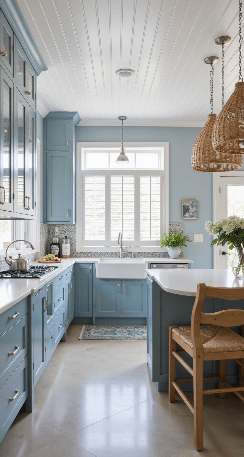 A bright and airy contemporary coastal kitchen featuring light blue glass-front cabinets, white quartz countertops, and a mosaic tile backsplash, illuminated by morning sunlight through plantation shutters. The space includes rattan pendant lights, bar stools, and limestone floors, with fresh flowers in blue and white chinoiserie accents, all captured in a wide-angle shot.