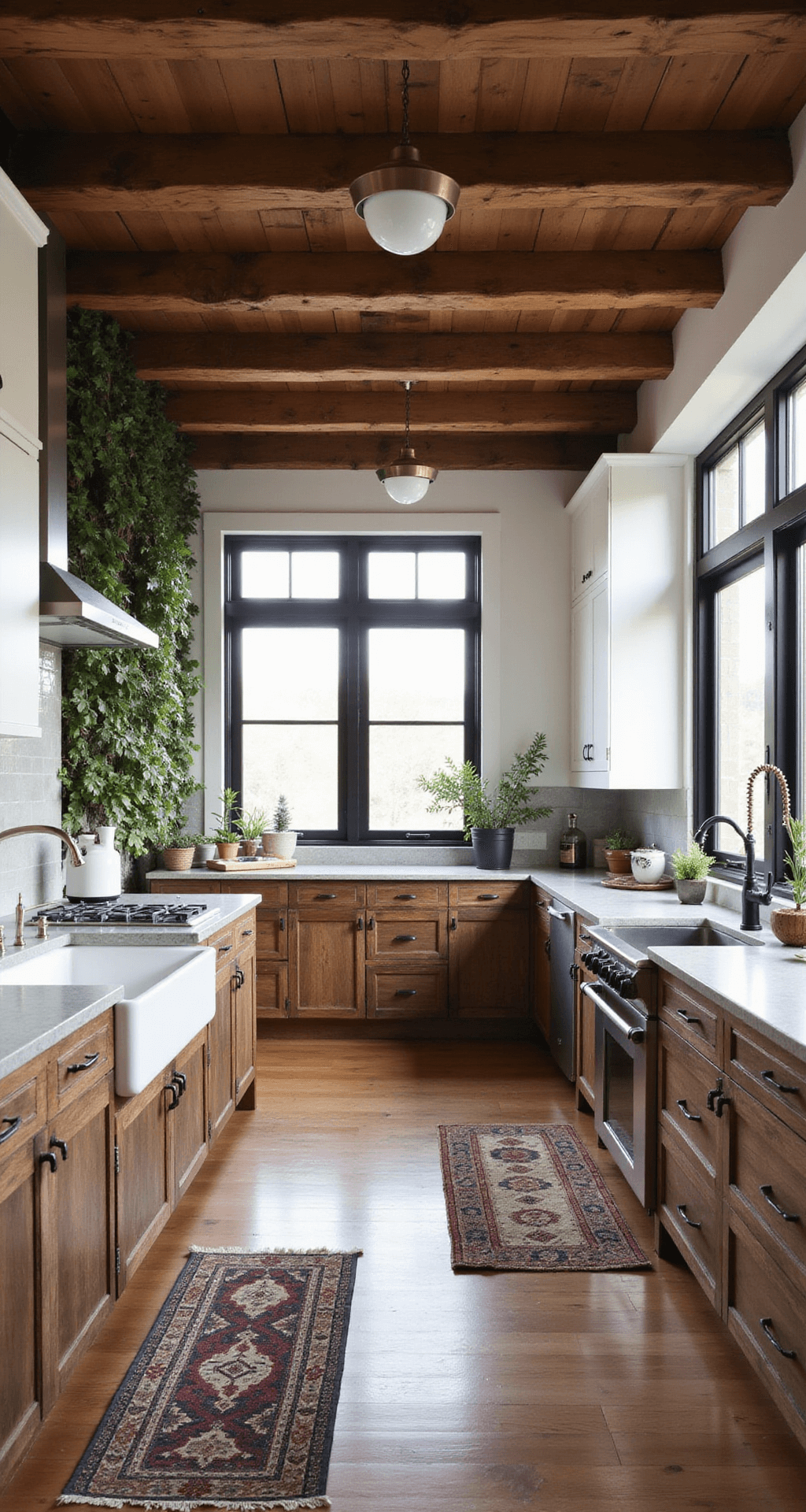 Rustic modern kitchen featuring exposed wooden beams, reclaimed wood lower cabinets, and sleek white upper cabinets, illuminated by mid-afternoon indirect light, with soapstone counters, a farmhouse sink, and black steel-framed windows, complemented by mixed metal fixtures and vintage rugs on wide plank floors, including a herb garden wall feature in a Dutch angle shot emphasizing the ceiling height.