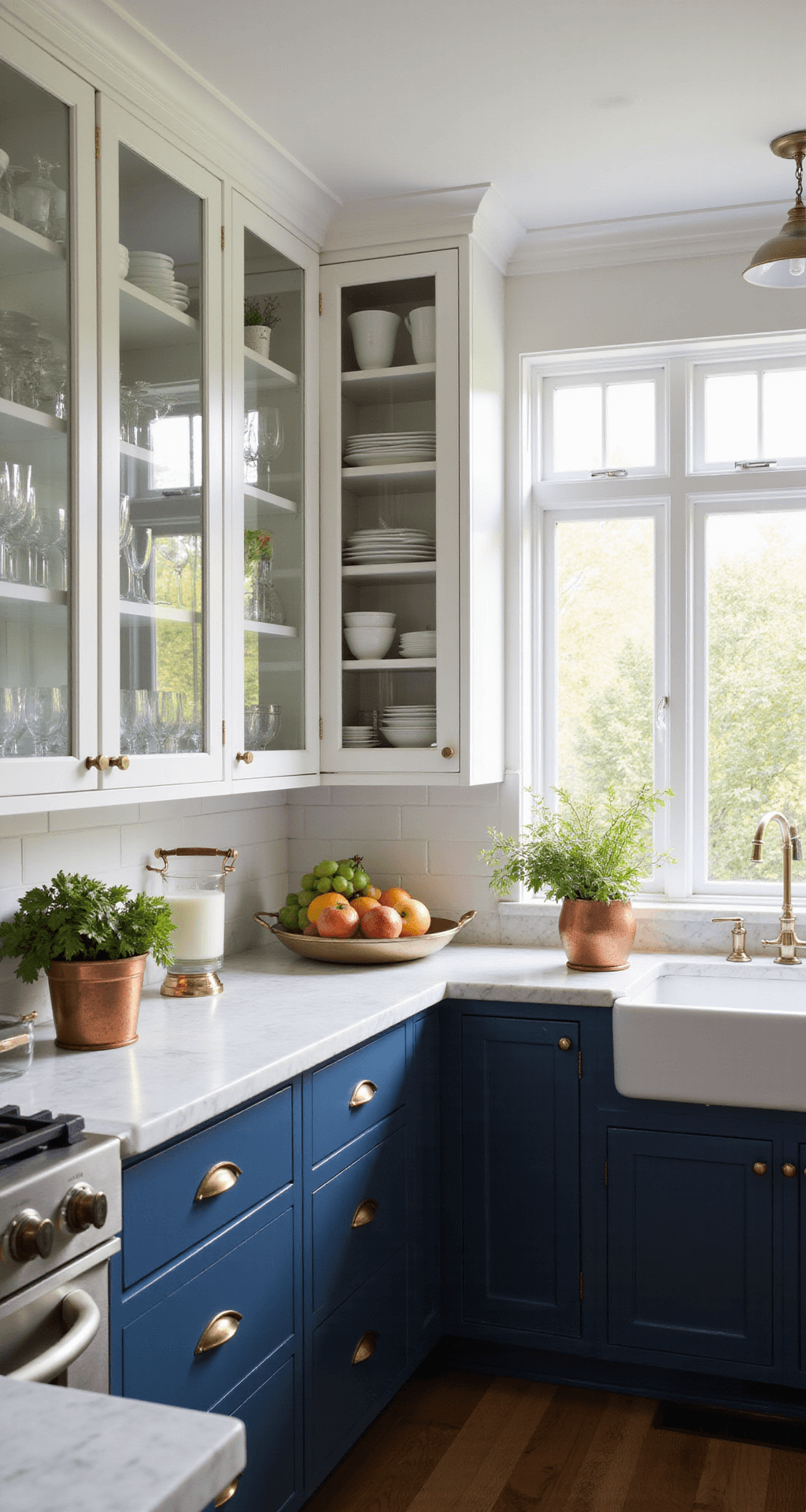 A modern kitchen featuring 12x15ft dimensions, 10ft ceilings, with wraparound glass upper cabinets, white Shaker frames, navy blue lower cabinets, marble countertops, and brass hardware, illuminated by golden hour light through west-facing windows. Fresh herbs in copper pots and a marble fruit bowl enhance the scene.