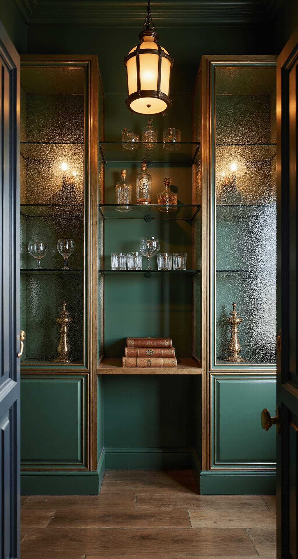 Intimate view of a specialty glass cabinet installation in a butler's pantry, featuring Hermes-style metalwork, antiqued brass framework, and textured glass panels. The 9ft tall cabinets with emerald green shelving showcase vintage barware, illuminated by dramatic pendant lighting that casts intricate shadows. Staged with leather-bound books and brass cocktail accessories, captured from a low angle to emphasize height and glass texture.