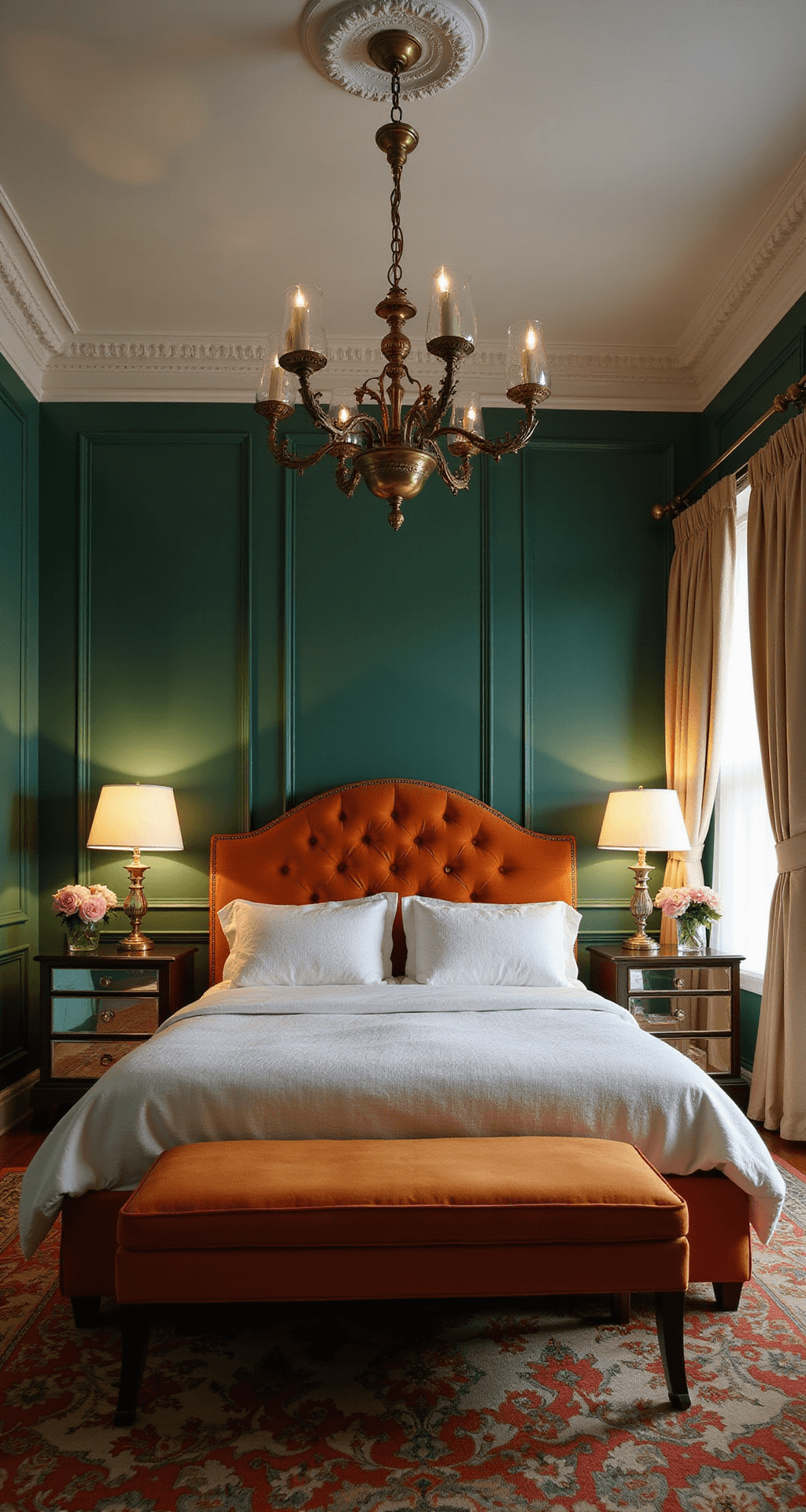 A traditional bedroom with forest green paneled walls and white trim is softly lit, showcasing a burnt orange velvet tufted headboard. An antique brass chandelier hangs above, complemented by mirror-front nightstands. Cream silk drapery frames the windows, and an oriental rug incorporates green and orange tones. The scene conveys a classic and sophisticated ambiance.