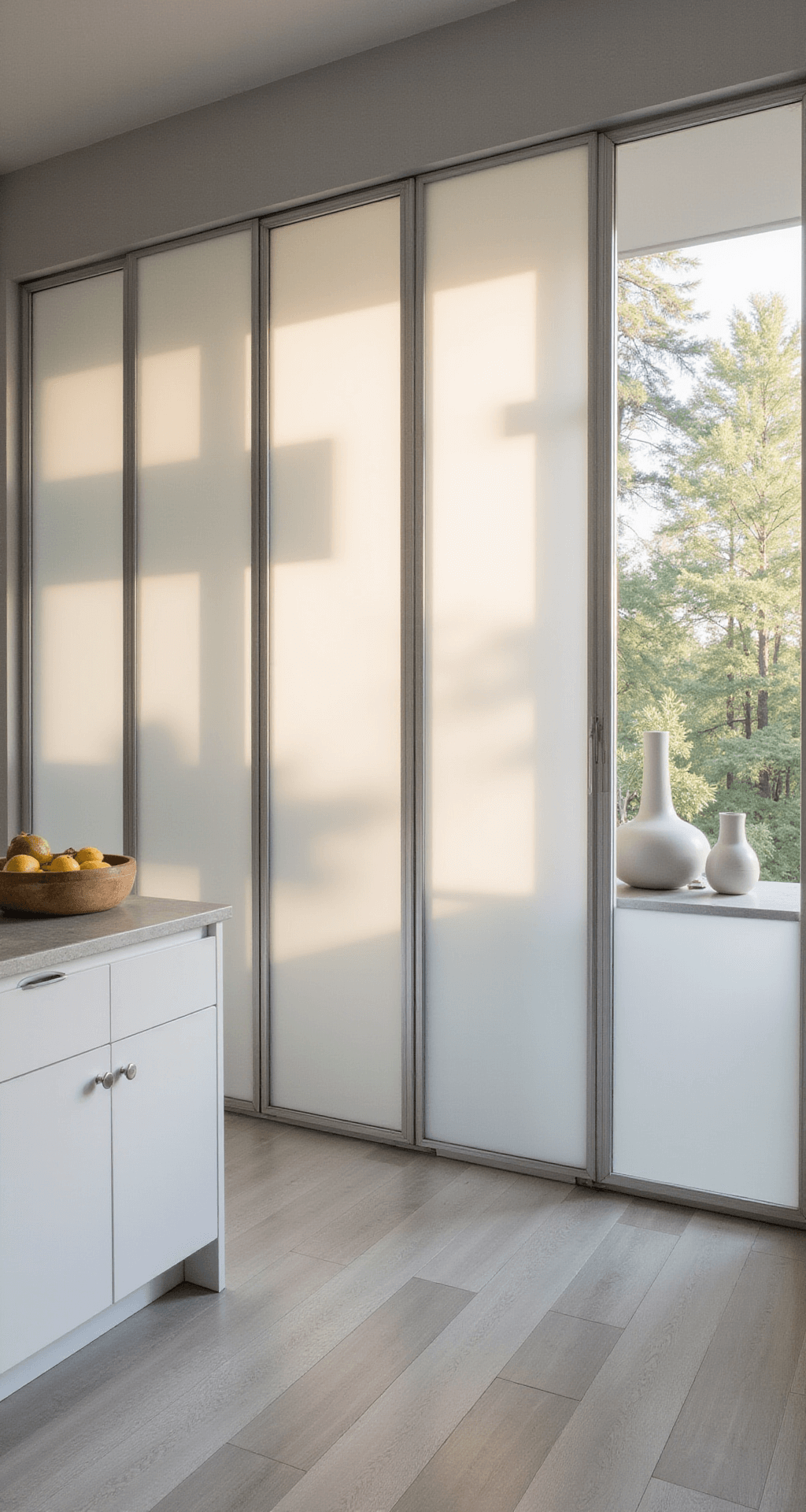 A contemporary kitchen featuring frosted glass cabinets with aluminum frames, diffused morning light illuminating the space, white oak flooring, pale grey concrete counters, and styled with matte white ceramics and clear glass vessels.