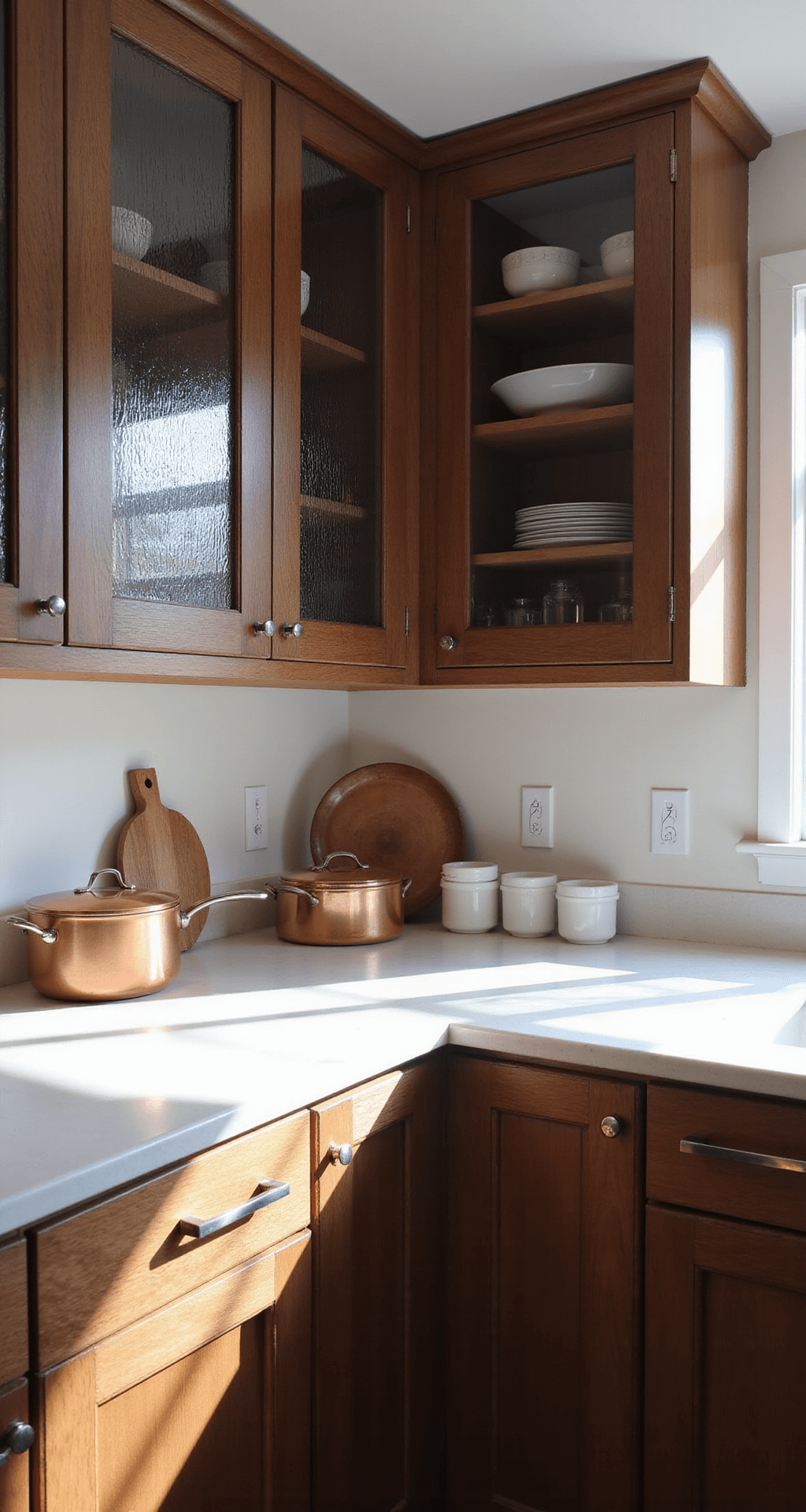 A transitional kitchen corner featuring clear glass upper cabinets with reeded texture and warm walnut solid wood lower cabinets, illuminated by afternoon light, showcasing polished nickel hardware, white quartz countertops, and styled with copper cookware and white ceramics for visual interest.