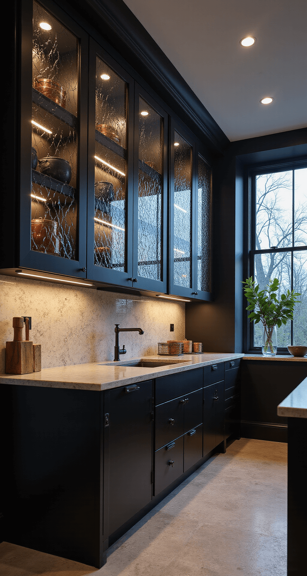 An elegant 16x18ft chef's kitchen with 12ft ceilings, featuring custom wavy glass cabinet doors with black steel frames, a grey-veined marble backsplash, and a matte black center island, styled with copper pots and matte black ceramics, captured at dusk with moody atmospheric lighting.