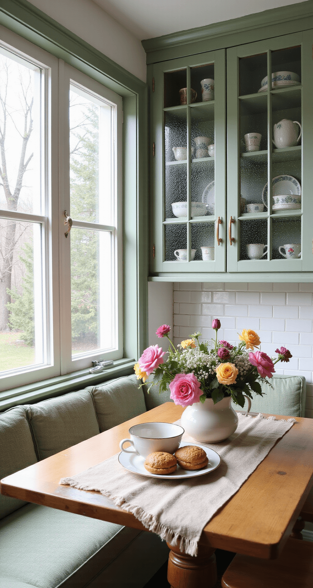 A cozy breakfast nook with sage green seeded glass upper cabinets displaying vintage teacups, illuminated by morning light filtering through east-facing windows, and a white subway tile backsplash, featuring fresh flowers in vintage pottery and scattered tea accessories.