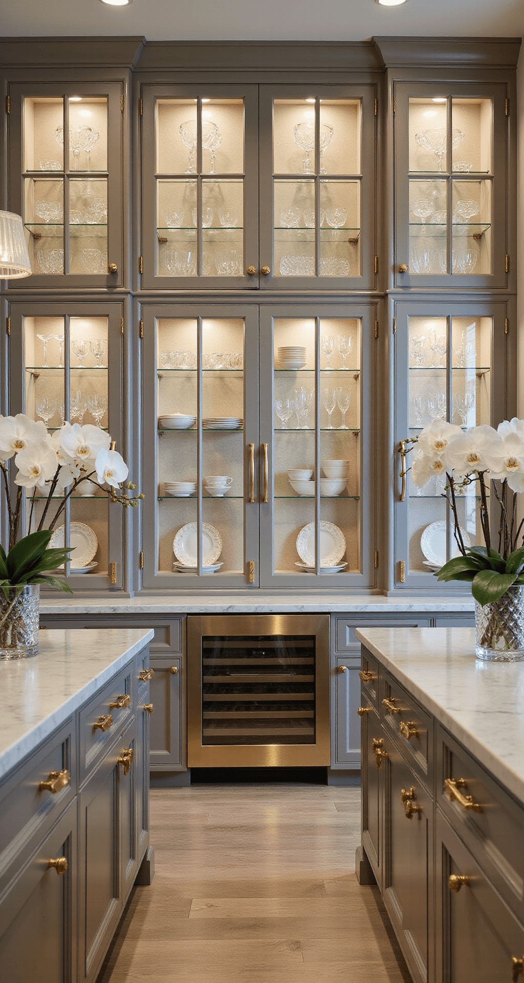A luxurious 15x20ft kitchen with 11ft ceilings features glass cabinets with gold mullions, showcasing crystal and fine china, illuminated by warm integrated lighting. The space boasts Calacatta marble surfaces and brass fixtures, with professional styling including orchids in crystal vases and elegant table settings, all captured during blue hour.