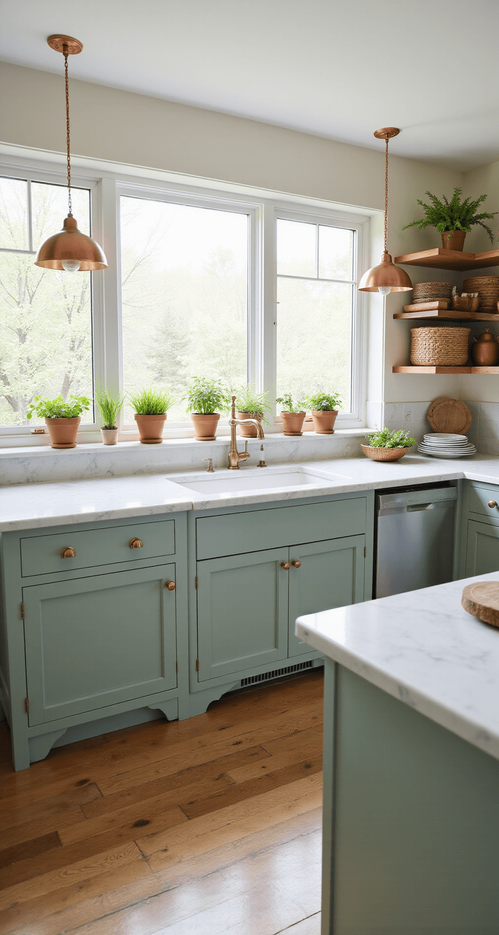 Spacious kitchen with sage green Shaker-style cabinets, white marble countertops, and copper pendant lights, featuring east-facing windows that bathe the room in morning light, accented by natural white oak floors and decorative elements like potted herbs and vintage cookware.