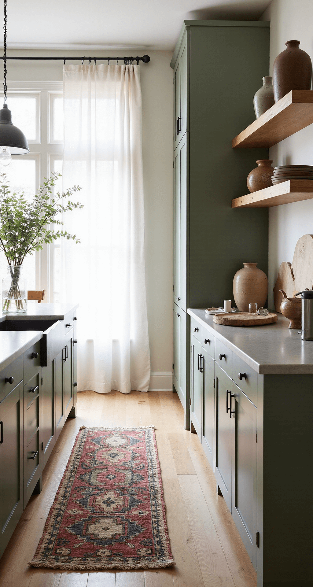 Late afternoon sunlight illuminates a modern farmhouse kitchen with sage green cabinets, concrete countertops, a vintage kilim runner on bleached oak floors, and industrial-style glass pendants, featuring natural decor elements like earthenware crocks and fresh eucalyptus.