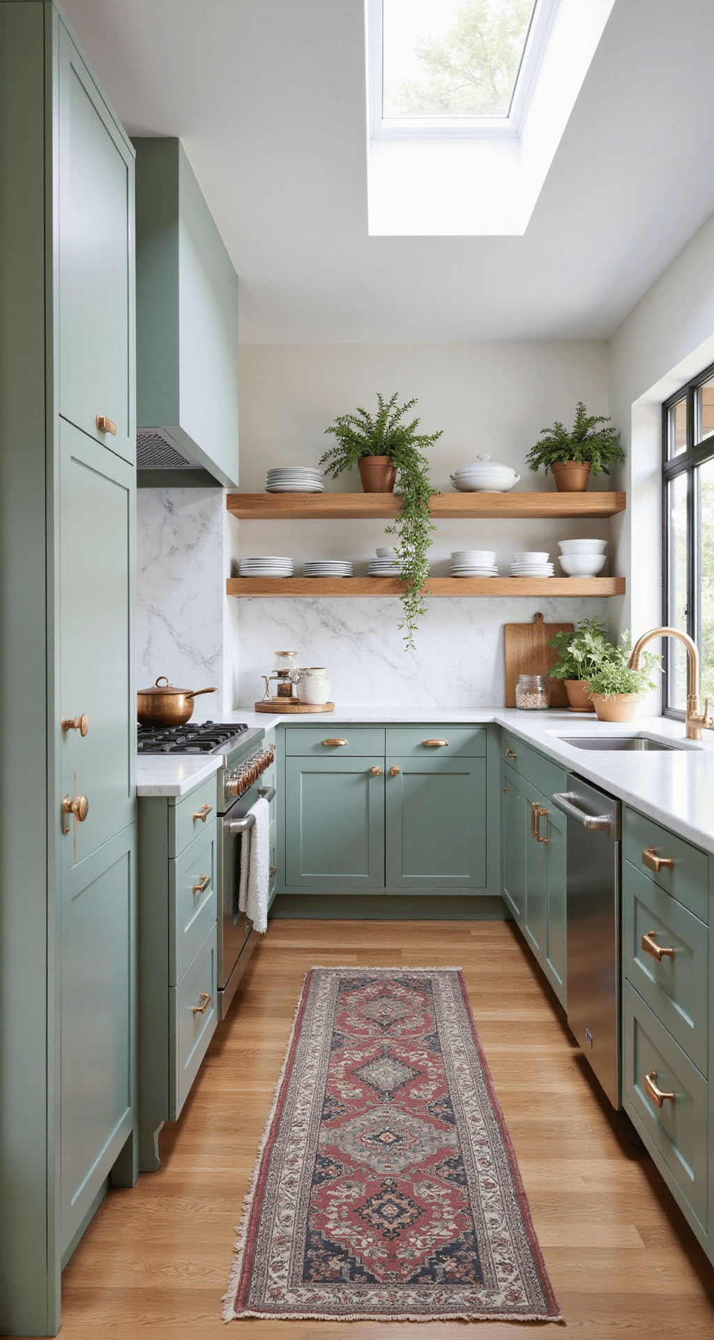 A bright, open-concept kitchen featuring floor-to-ceiling sage green cabinets and a marble cooking alcove, accented with brushed gold hardware and white oak floating shelves displaying white pottery. The scene captures vintage elements like a Persian runner and copper cookware, enhanced by trailing plants and fresh herbs in terracotta pots, all illuminated by natural light from skylights.