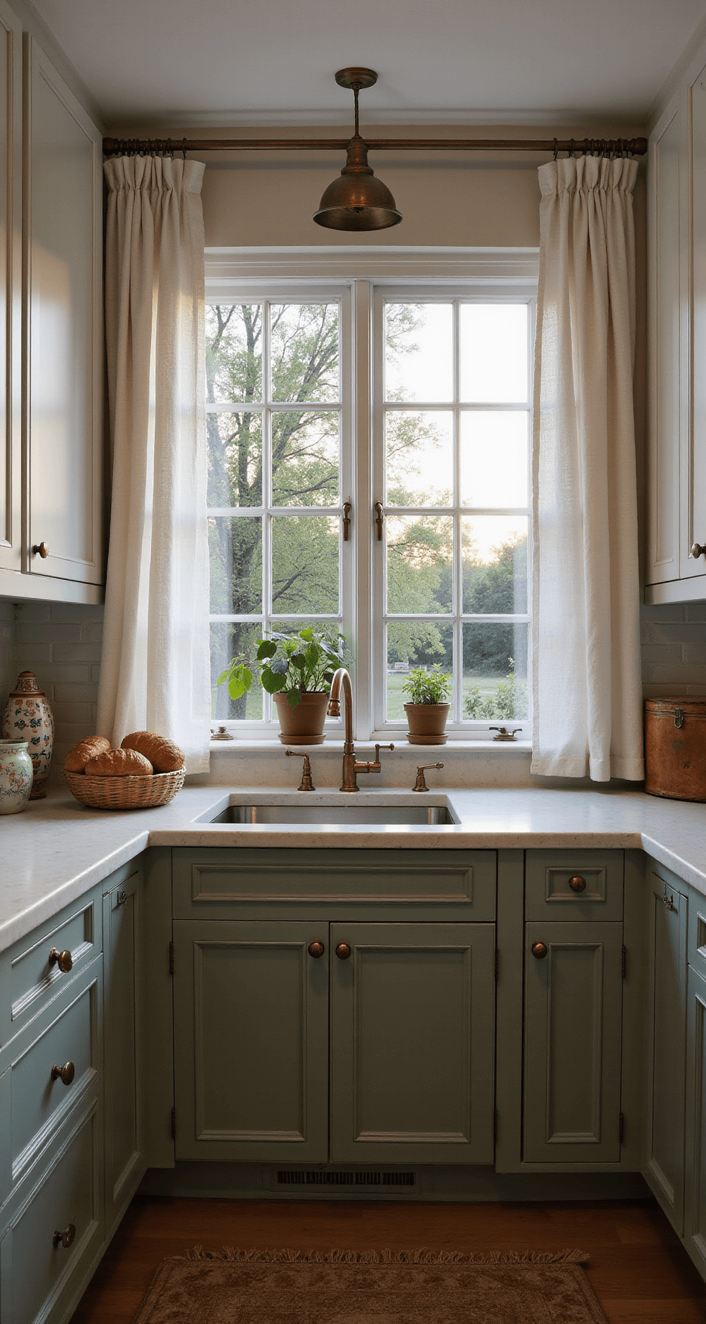 Intimate kitchen nook featuring sage green lower cabinets with gray undertones, white upper cabinets, and dramatic soapstone countertops. Shot at dusk with warm brass sconces illuminating linen curtains, a vintage bread box, and various ceramics. Focus on cabinet details and material transitions.
