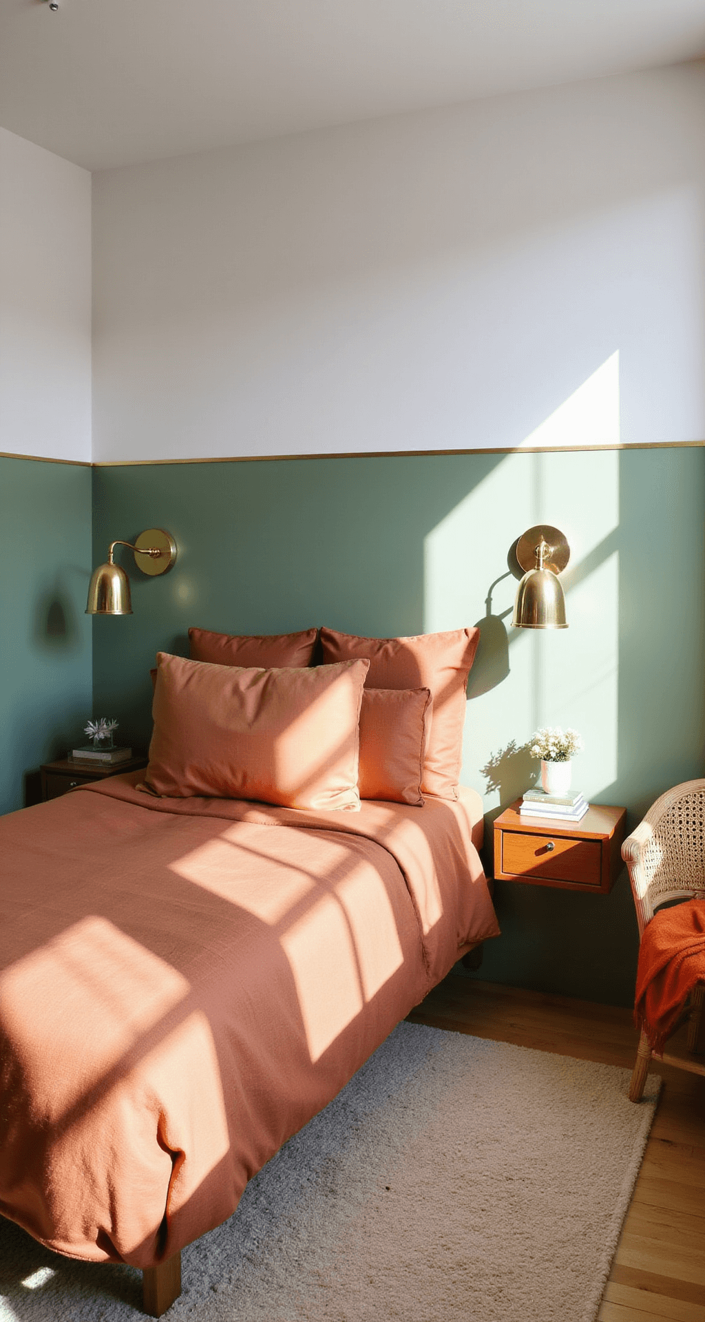 A small urban bedroom with color-blocked sage green and warm white walls, divided by brass trim. A platform bed has rust orange linen bedding, accompanied by floating nightstands and mirror-backed sconces. A compact rattan chair with an orange throw is in the corner. The scene is lit by bright morning light reflecting off metallic accents, creating an airy, modern feel.