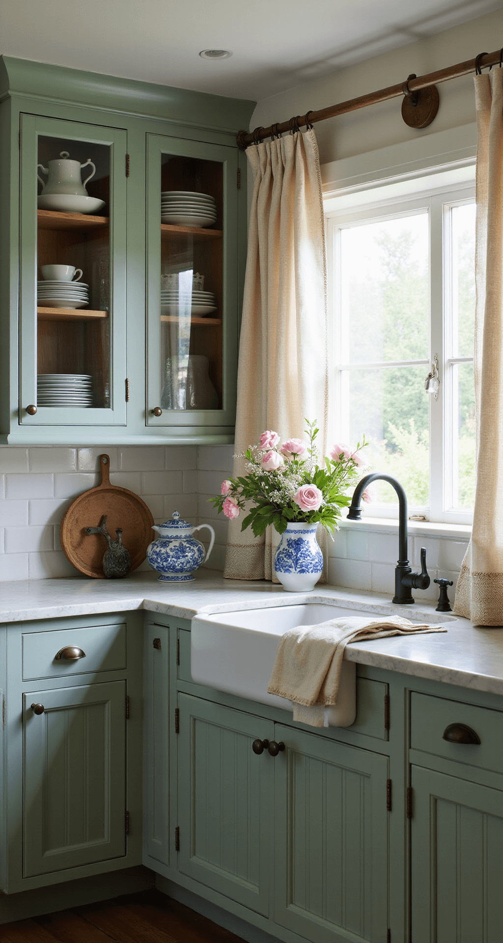 Cozy cottage kitchen with sage green beadboard cabinets, glass-front uppers displaying vintage dishware, honed marble counters, white subway tile, and natural light from sheer cafe curtains, styled with chinoiserie, fresh flowers in an ironstone pitcher, and copper molds, creating a romantic, lived-in atmosphere.