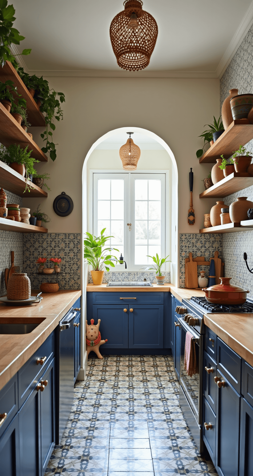 A cozy 15'x18' eclectic bohemian kitchen featuring navy cabinets with brass hardware, a moroccan tile backsplash, butcher block countertops, hanging plants, and rattan pendant lights, all illuminated by morning sunlight.
