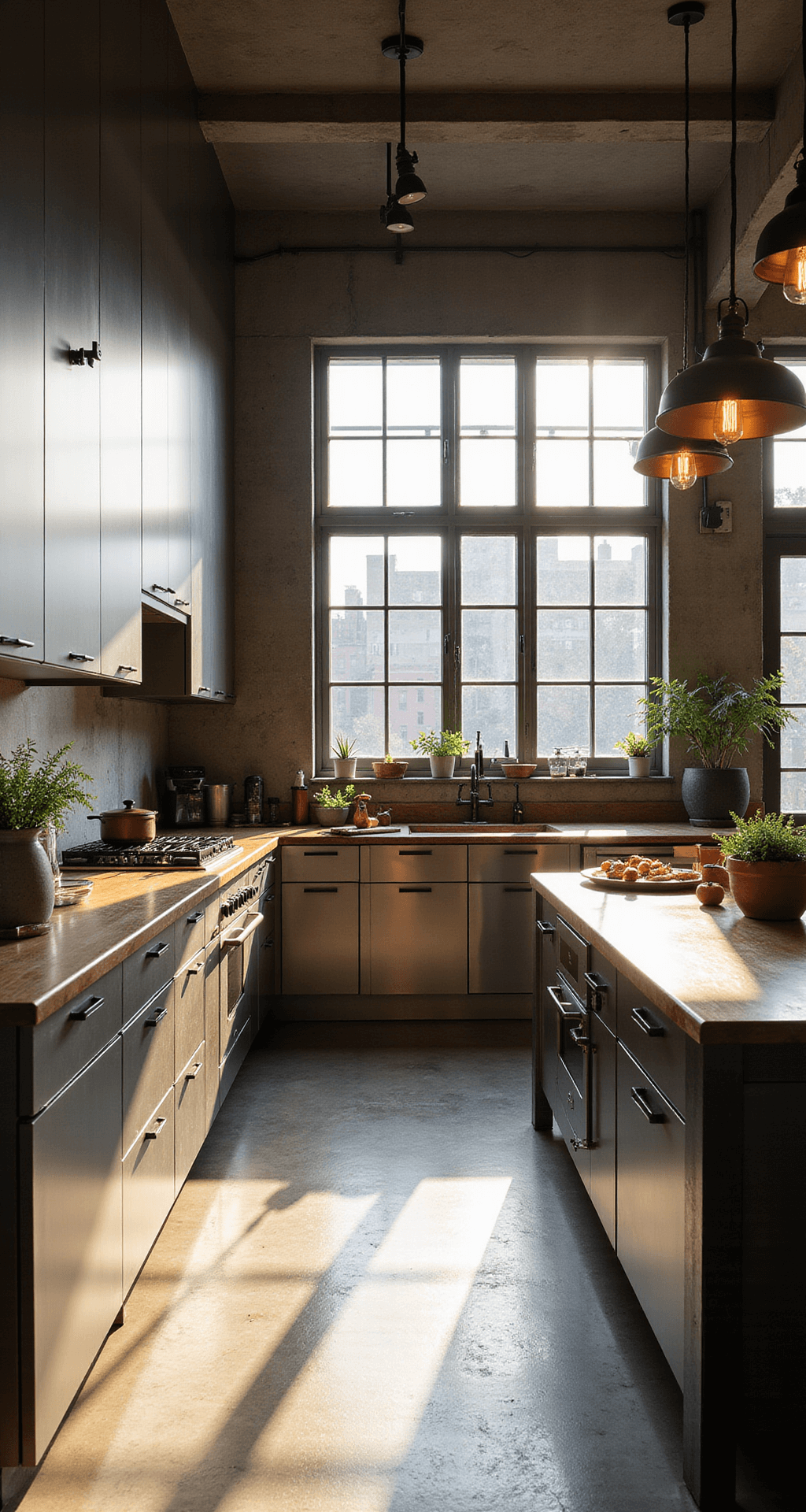 Interior view of an industrial-chic kitchen featuring brushed aluminum cabinets, polished concrete countertops, and a central island with raw steel legs and a weathered wood top, illuminated by golden hour light streaming through factory-style windows, with accent pieces in copper and black matte finishes.