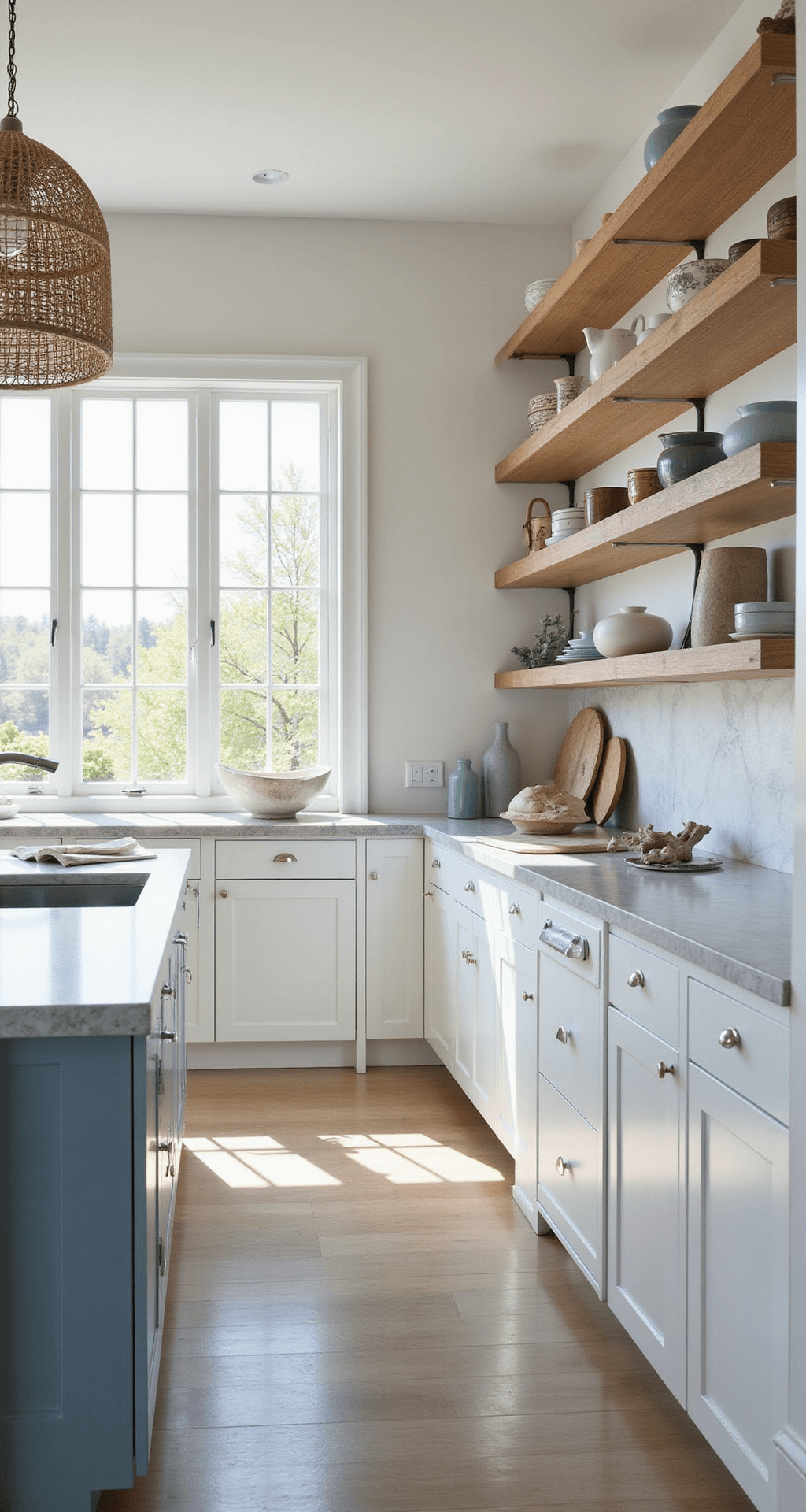 Bright coastal modern kitchen with matte white aluminum cabinets, natural white oak shelving, and a marble waterfall island, illuminated by morning light. Rattan pendant lights and sea glass blue accents enhance the airy atmosphere. Captured from a corner angle.