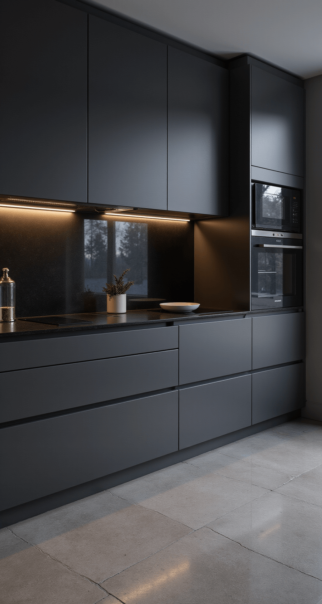 A contemporary minimalist kitchen featuring floor-to-ceiling gunmetal gray aluminum cabinets with push-to-open mechanisms, integrated appliances, and dramatic LED strip lighting, captured from an elevated position at dusk. The monochromatic color palette includes matte black countertops and glossy aluminum surfaces, with a glass backsplash reflecting artificial lighting and strategic spotlighting emphasizing texture variations.