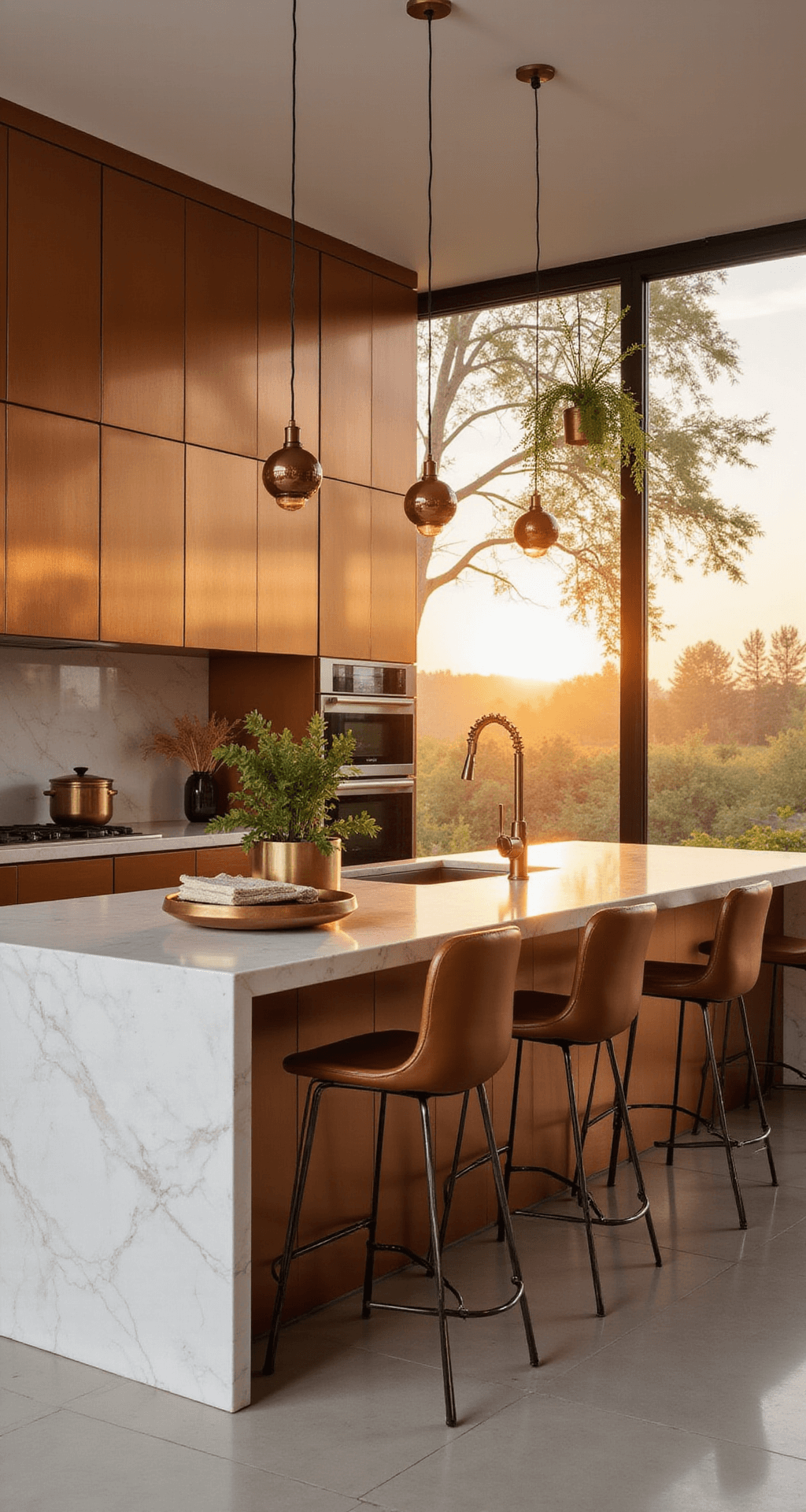 A luxurious kitchen bathed in sunset light, featuring copper-toned aluminum cabinets, a waterfall quartz island with modernist bar stools, and mixed metal pendant lights, styled with brass fixtures and trailing plants in a warm color palette.