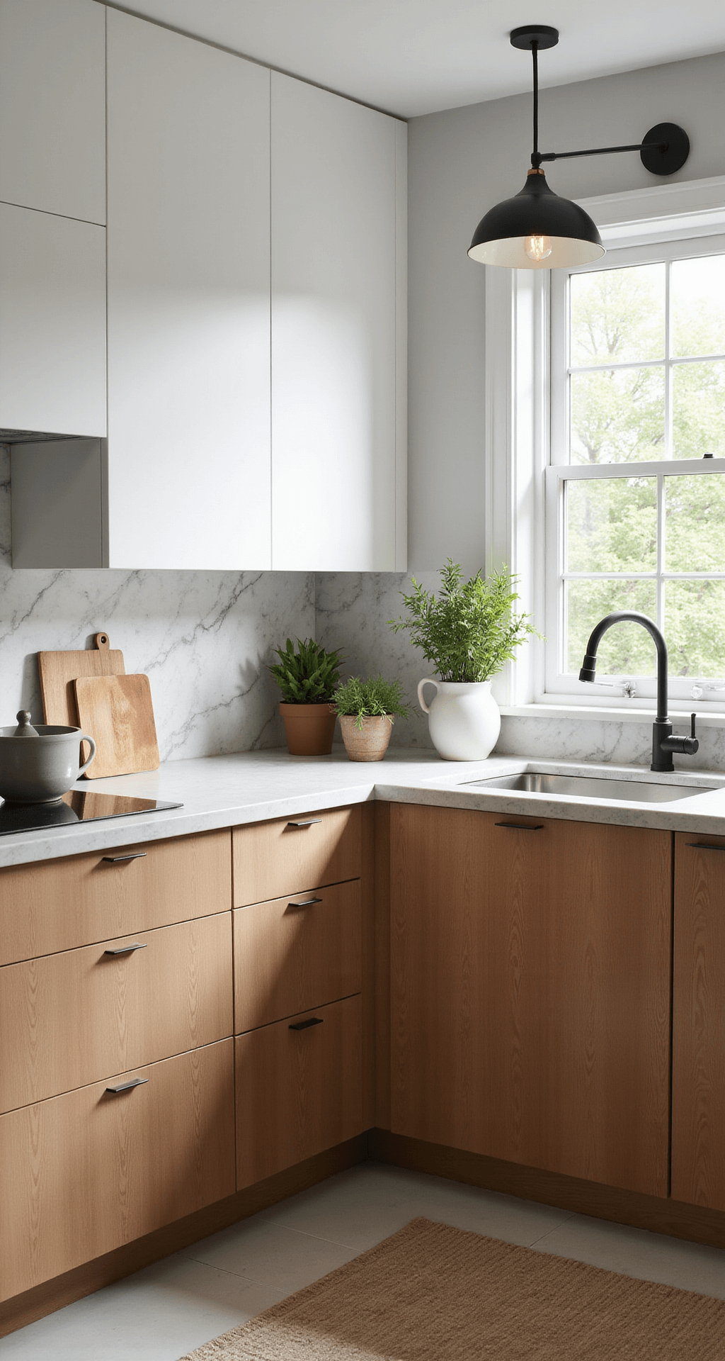 A spacious mixed-material kitchen featuring matte white aluminum upper cabinets and traditional wood lower cabinets, illuminated by morning light. The L-shaped layout showcases a marble backsplash with subtle veining, vintage-inspired pendant lights, and decorative elements like wooden cutting boards, pottery, and fresh herbs. The color palette includes warm white, natural wood, and sage green accents.