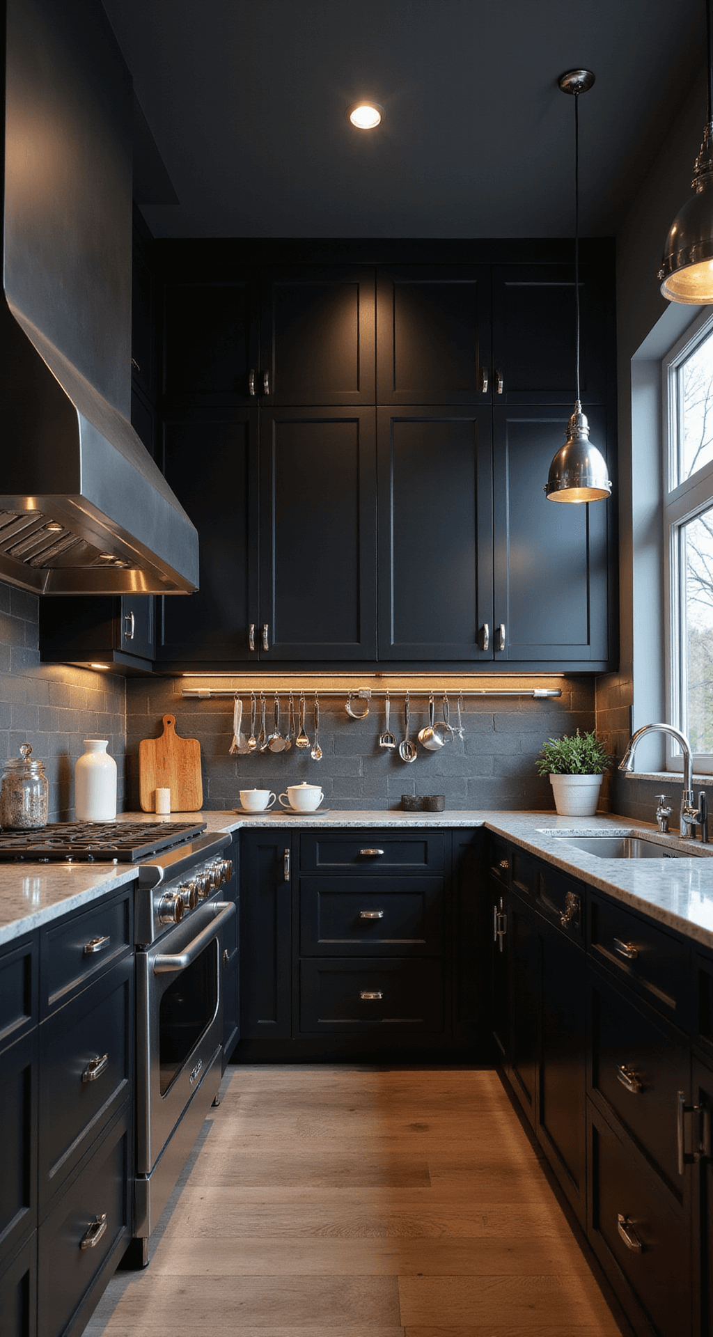 Dramatic evening view of a professional kitchen with black aluminum cabinets, stainless steel accents, under-cabinet LED lighting, and commercial-grade appliances, showcasing a full workflow triangle with metallic pendant lights and minimal decor.
