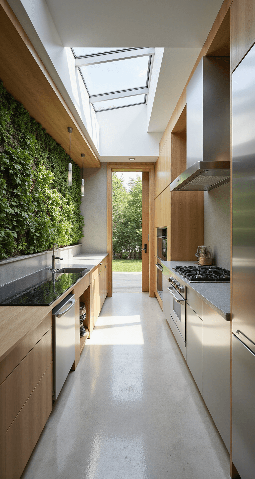 Bright midday view of a sustainable modern kitchen featuring silver aluminum cabinets, recycled glass countertops, and a living wall with an herb garden. The image showcases bamboo accents, natural fiber textiles, and skylights providing dramatic lighting, all within an earth-tone and green color palette.