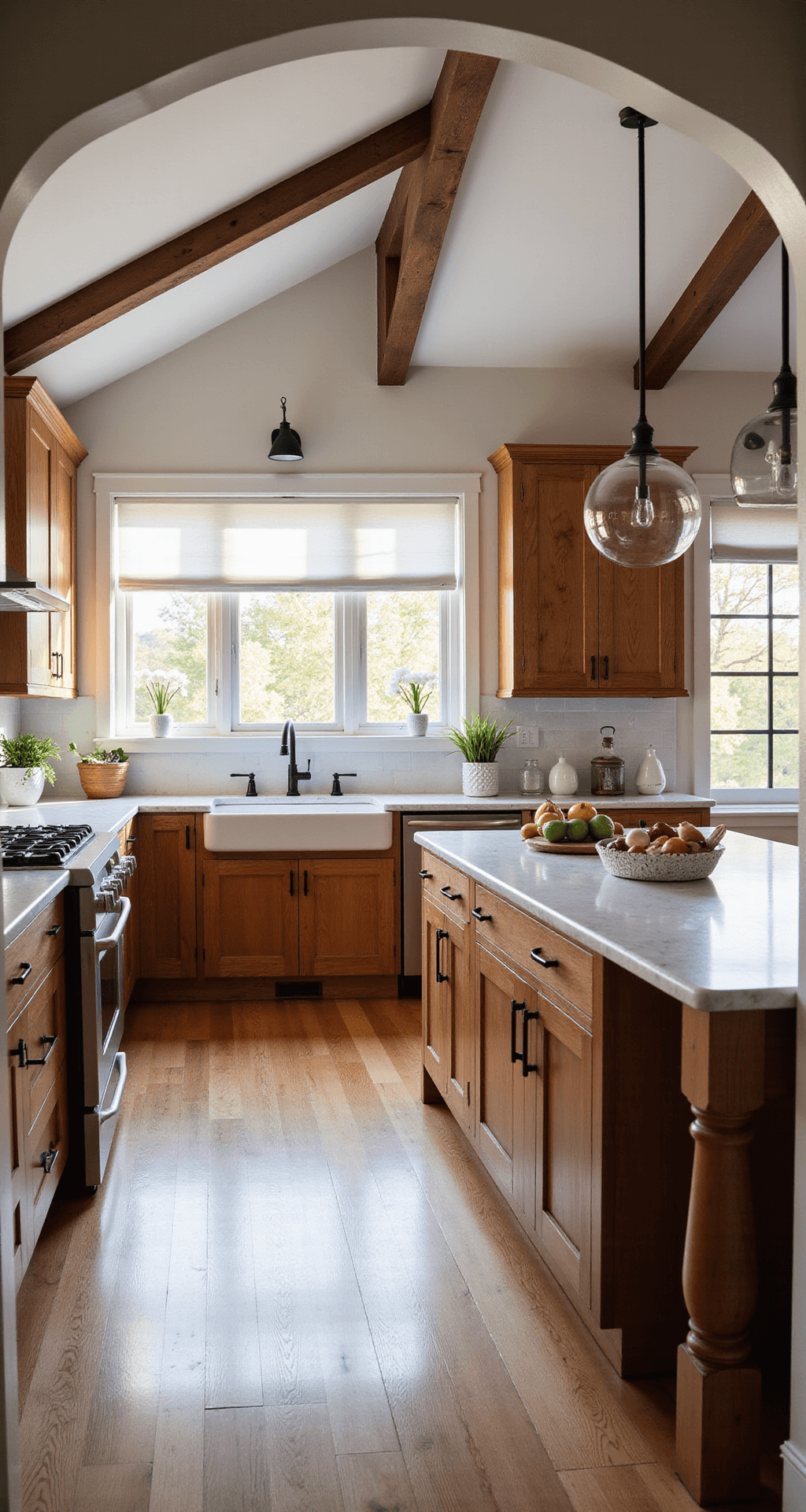 A spacious modern farmhouse kitchen featuring vaulted ceilings and exposed beams, illuminated by warm golden hour sunlight. The kitchen includes rich auburn knotty alder cabinets with shaker-style doors and matte black hardware. A central island showcases marble waterfall edges. The scene captures the room's depth, highlighting the blend of natural and artificial lighting, along with vintage decor and fresh produce.