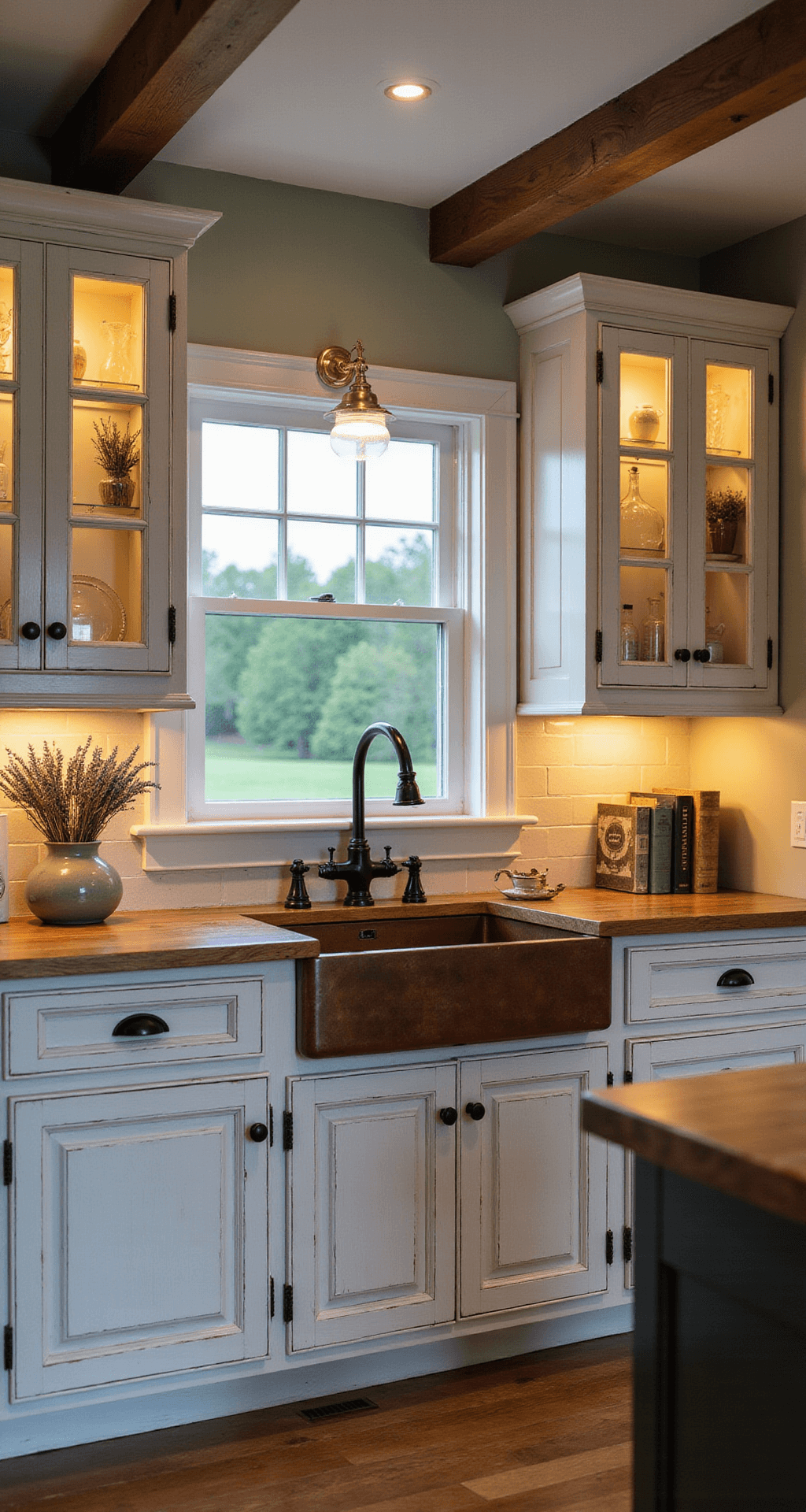Intimate cottage kitchen featuring knotty alder cabinets in vintage white wash, a copper sink, and warm lighting, styled with antique cookbooks and dried lavender.