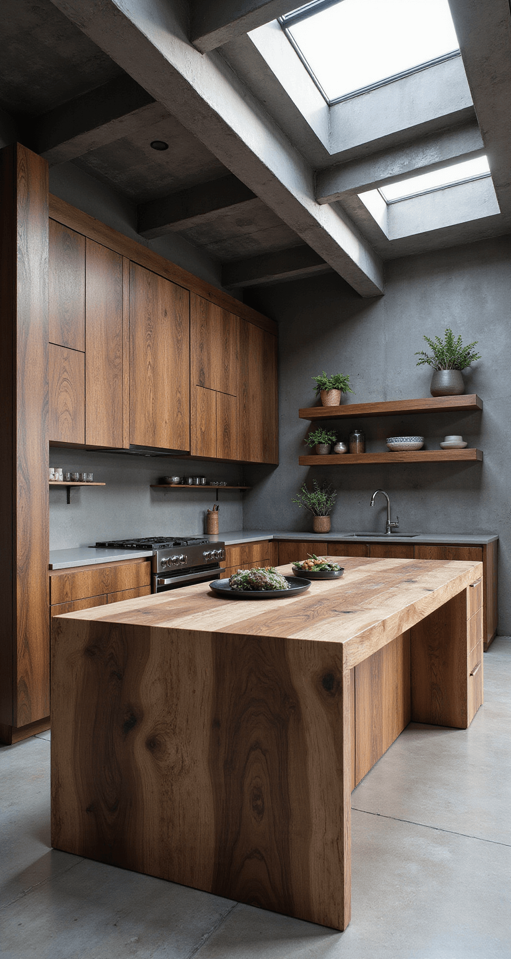 Contemporary open-concept kitchen featuring industrial-style ceilings, knotty alder cabinets in dark espresso, and a waterfall island, illuminated by mid-morning skylight. The aesthetic combines rough and smooth textures with a color palette of deep browns and grays, styled with geometric ceramics and architectural plants.