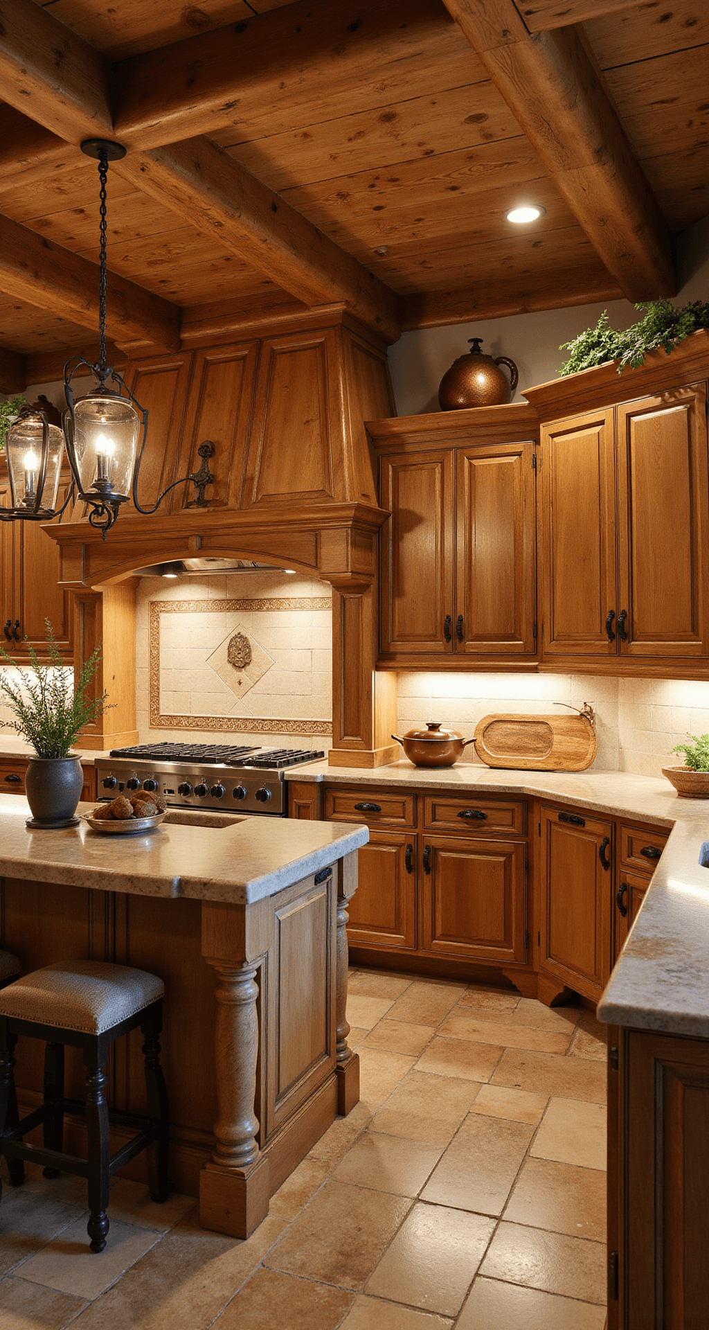 A rustic luxury kitchen featuring knotty alder cabinets in honey stain, a stone-topped island, and a coffered ceiling, illuminated by golden sunset and warm LED lighting, with decorative vintage copper molds and fresh greenery enhancing the inviting atmosphere.