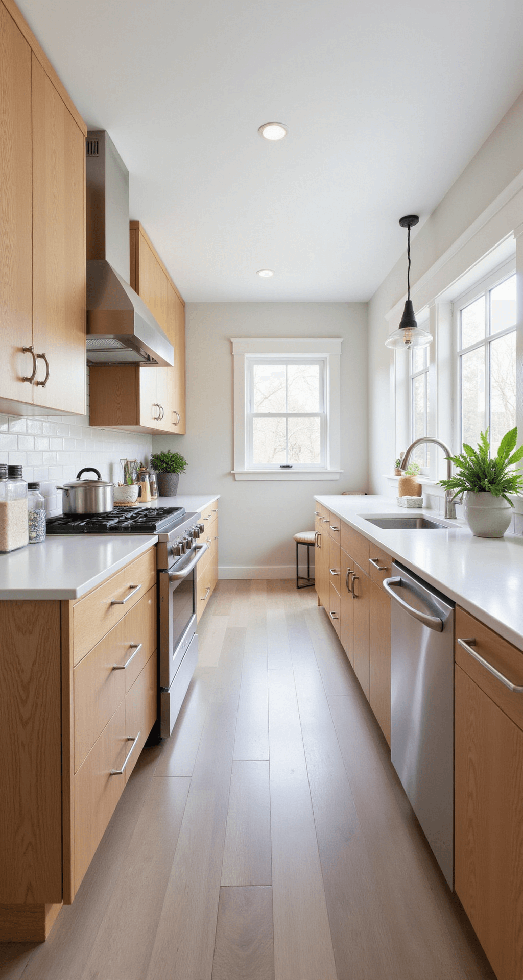 Transitional galley kitchen featuring light natural knotty alder cabinets, white quartz counters, and a southern exposure window wall, illuminated by bright midday light. The layout showcases a linear perspective with contemporary slab doors and chrome pulls, complemented by modern ceramics and minimalist greenery.