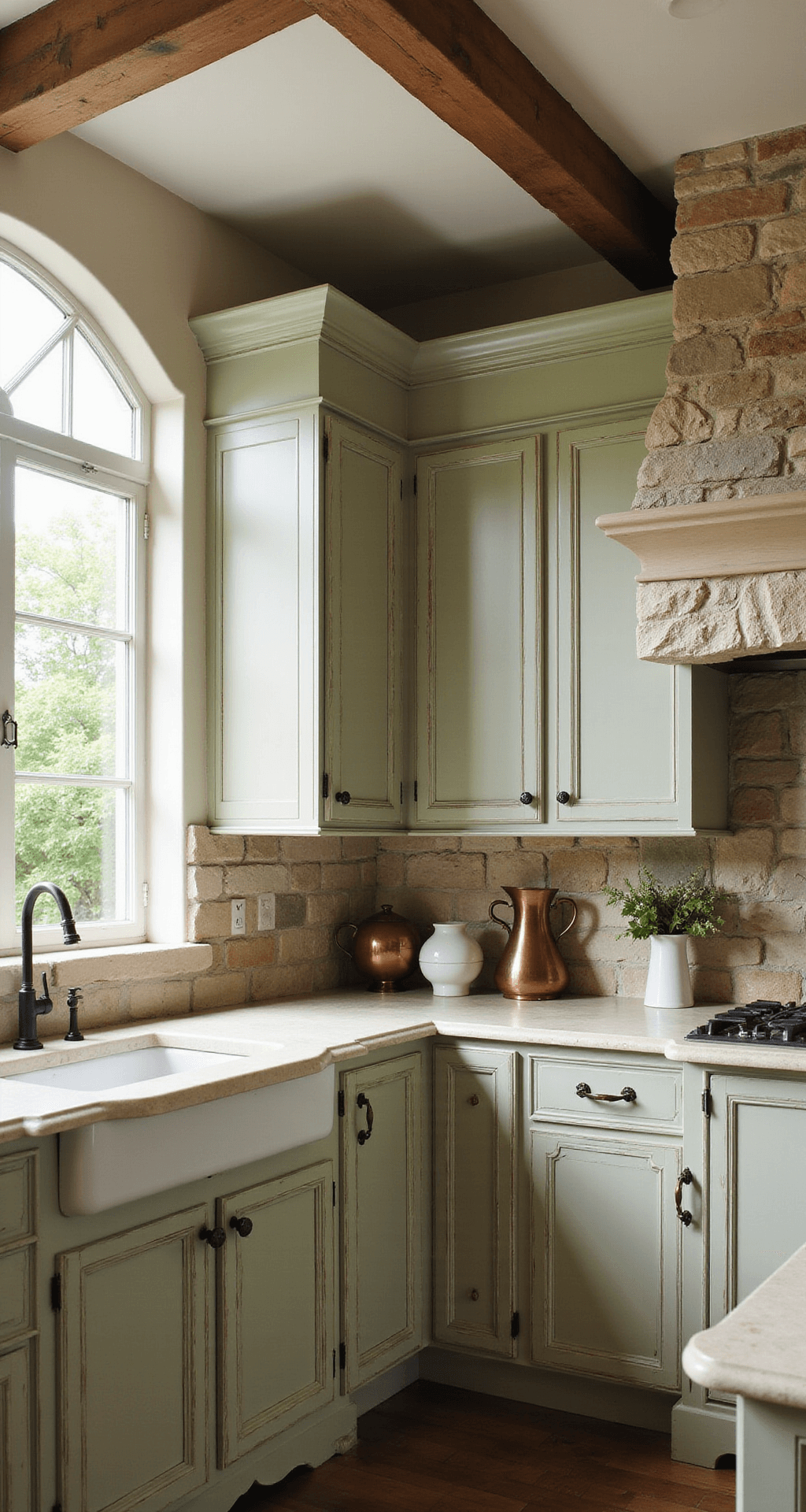 A cozy French country kitchen featuring knotty alder cabinets in distressed sage finish, a limestone-topped island, and a stone accent wall, illuminated by diffused afternoon light through gabled windows. The room showcases decorative corbels, antique brass hardware, and rustic styling elements like copper pots and fresh flowers, all set against a backdrop of warm, soft lighting.