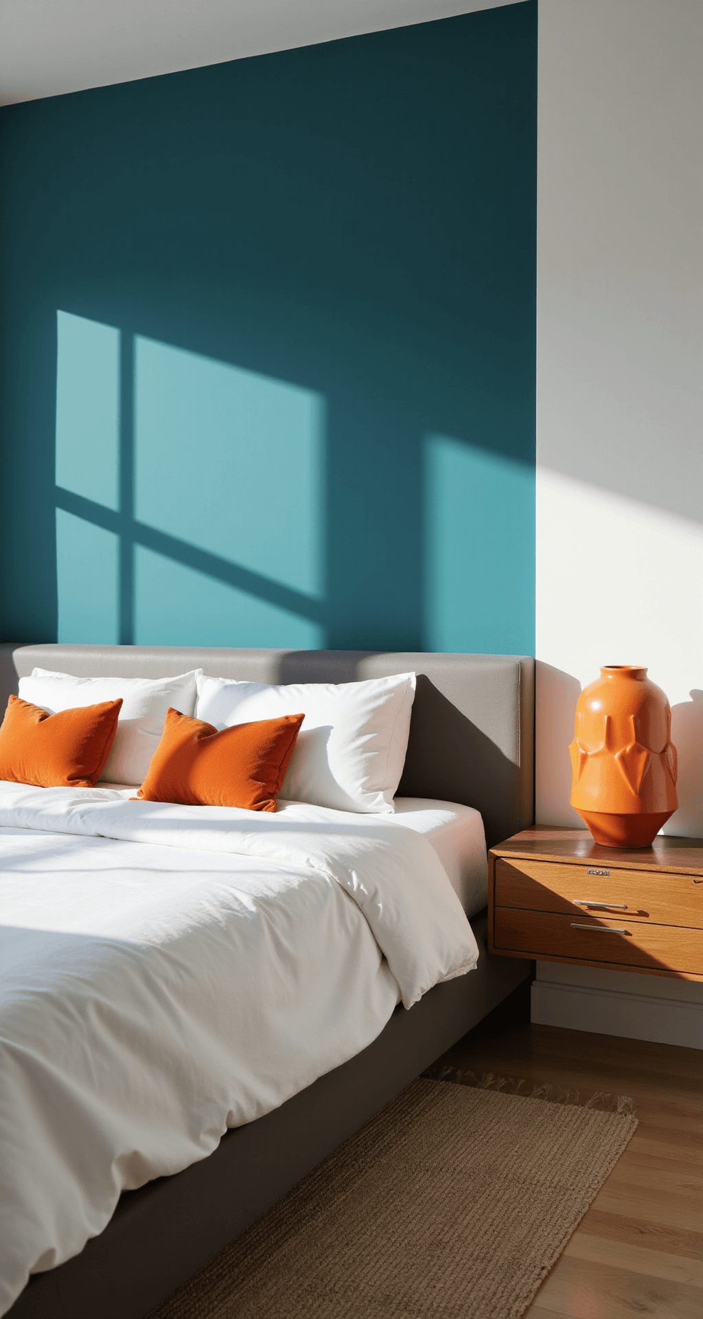 A contemporary urban bedroom with a bold teal accent wall behind a platform bed, featuring clean architectural lines highlighted by mid-afternoon light. The room includes minimal furnishings like floating nightstands made of warm wood with orange ceramic table lamps, white bedding, and geometric orange throw pillows. Sleek materials such as glass, chrome, and matte-finish woods are present, with linear elements captured from a side view.